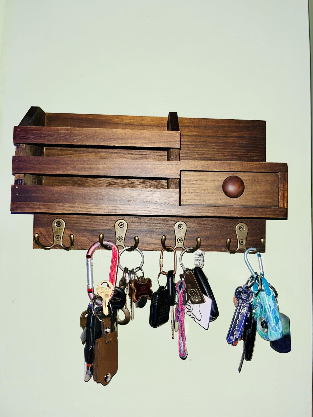 Key Holder Wall Mount, Wooden Adhesive Mail and Key Organizer with Drawer, Small Shelf, 8 Hooks, 2 Installation Methods, Black customer photo 2