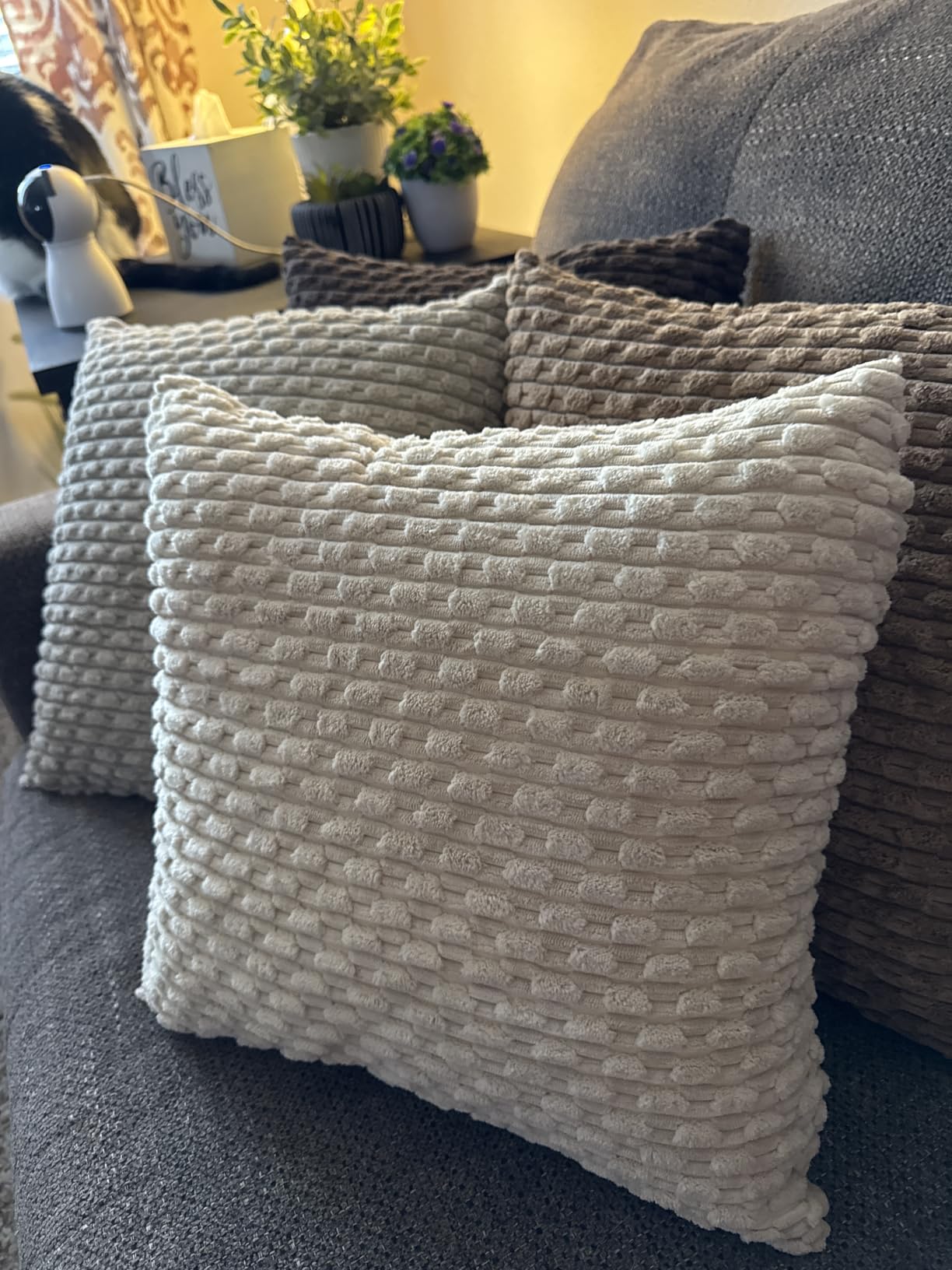Set of 4 Neutral Decorative Throw Pillow Covers 18x18 Inch Corduroy Pillow Covers for Bed Couch Sofa Living Room Soft Square Cushion Cases customer photo 2