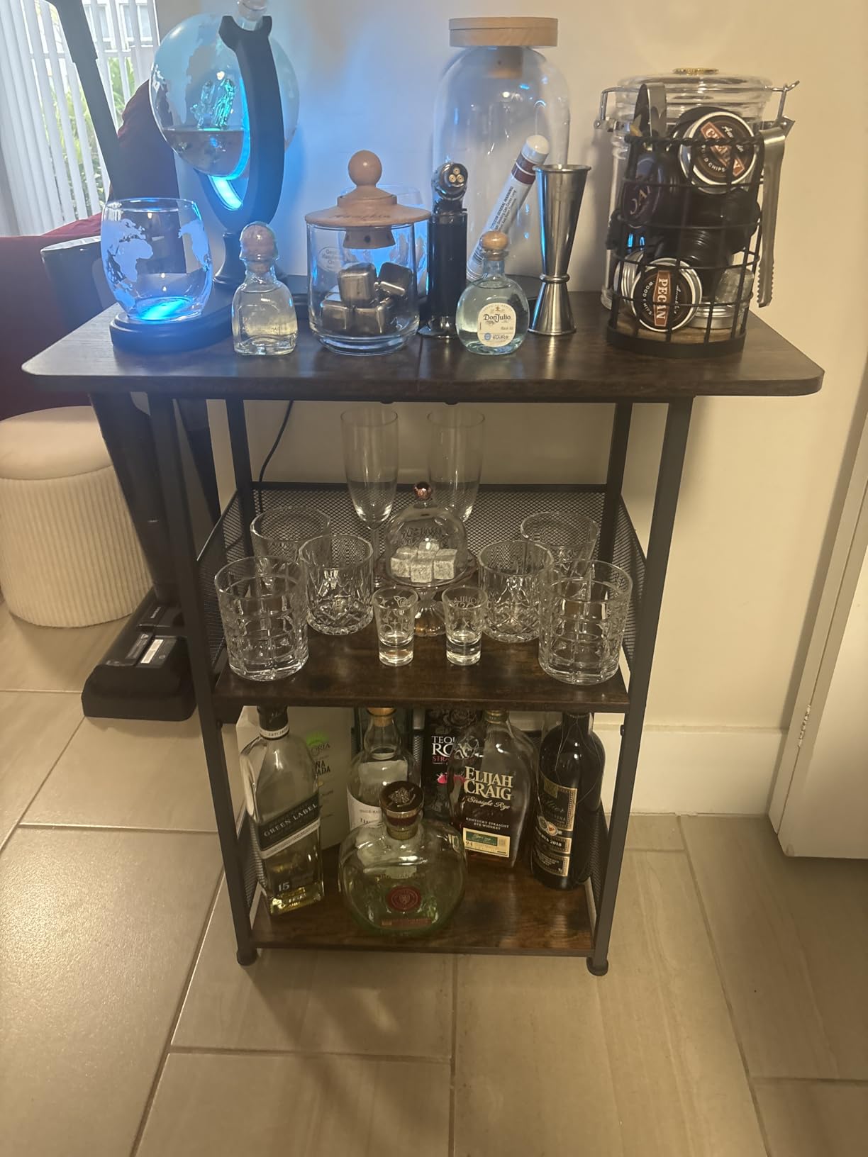 Floor Standing Freestanding Whiskey Rack: 3 Tier Wine Rack, Mini Bar Cart | Wine Bottle Display Stand Liquor Cabinet for Bottles, Cocktail Shaker, Mugs customer photo 1