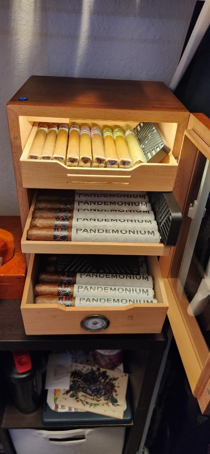 Tesonway Cigar Humidor, Desktop Cigar Humidor Cabinet Light Control System with Spanish Cedar Wood Shelves, Hygrometer, 3 Humidifiers and Cigar Accessories Drawer, Father's Day Gift for Men (Black) customer photo 1