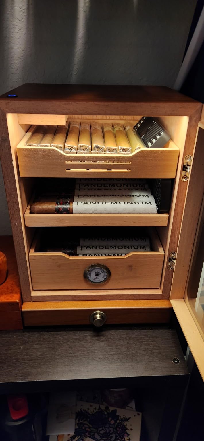 Tesonway Cigar Humidor, Desktop Cigar Humidor Cabinet Light Control System with Spanish Cedar Wood Shelves, Hygrometer, 3 Humidifiers and Cigar Accessories Drawer, Father's Day Gift for Men (Black) customer photo 2