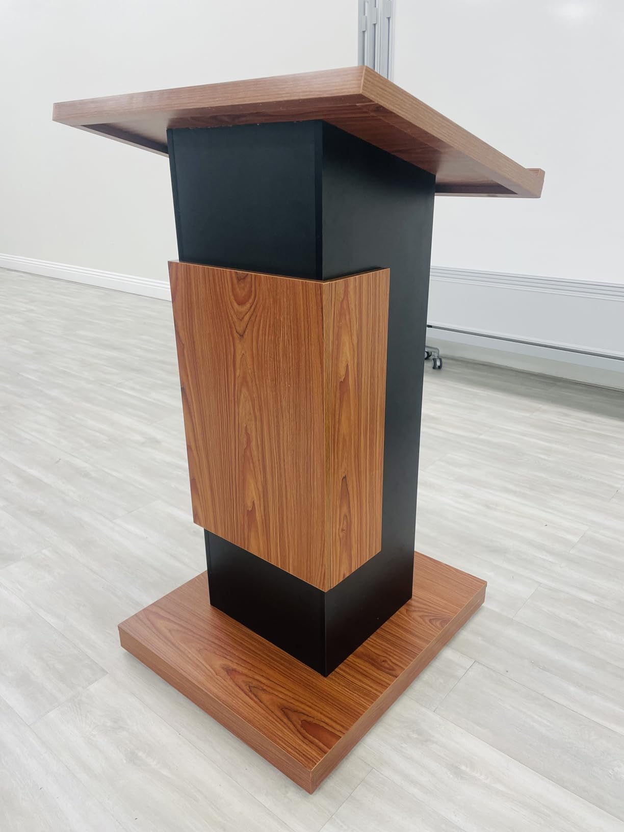 Wood Podium with Wheels, Wooden Lectern Stand, 15MM Particle Board, Elegant Design with Storage, Mic Stand Space, Wooden Pulpit for Restaurants, Churches, Seminars and Schools customer photo 2