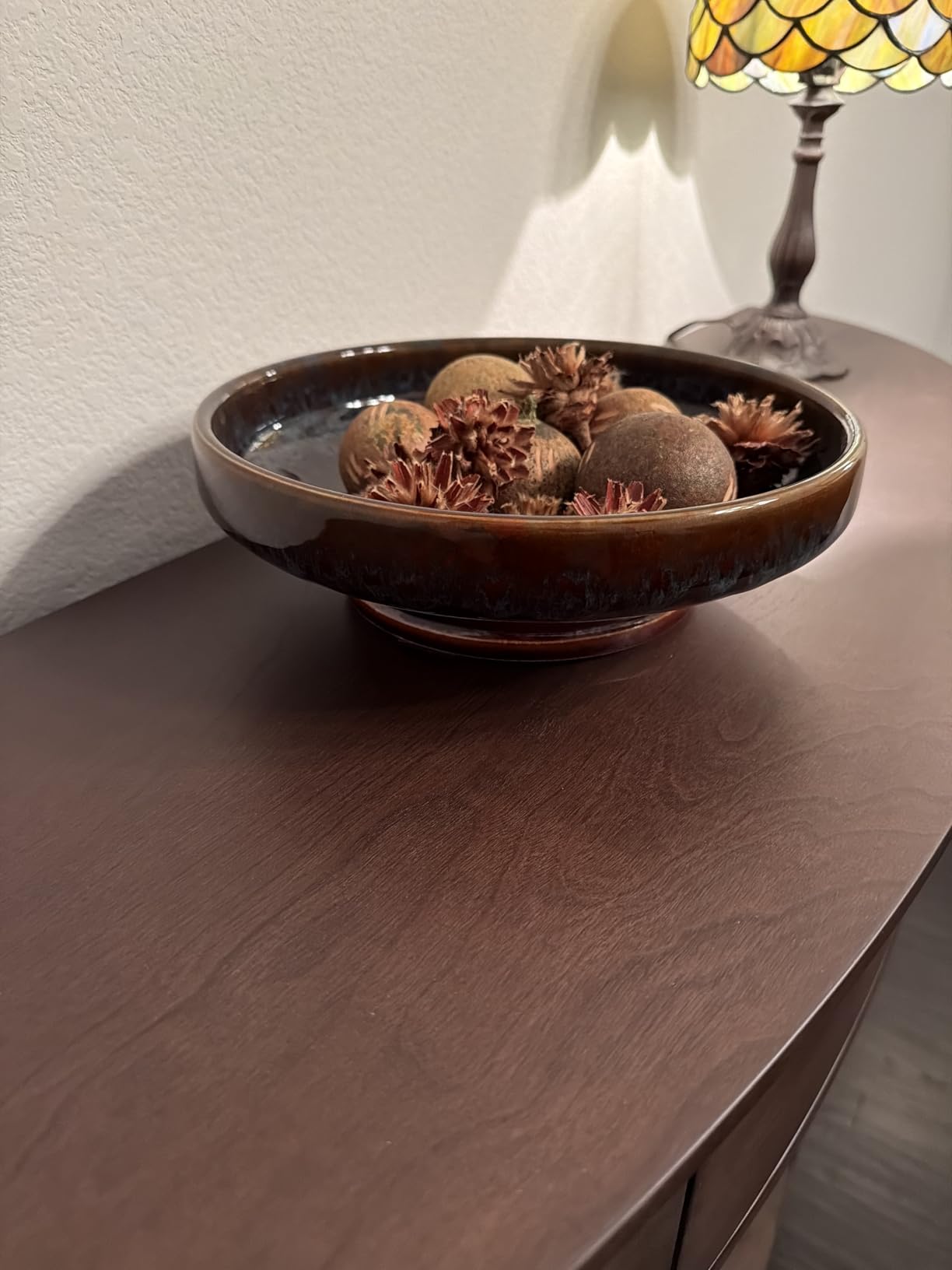 Ceramic Fruit Bowl for Kitchen Counter, Decorative Pedestal Bowl for Table Countertop, Large Footed Serving Bowl, 10.2 Inch (peacock Green) customer photo 1