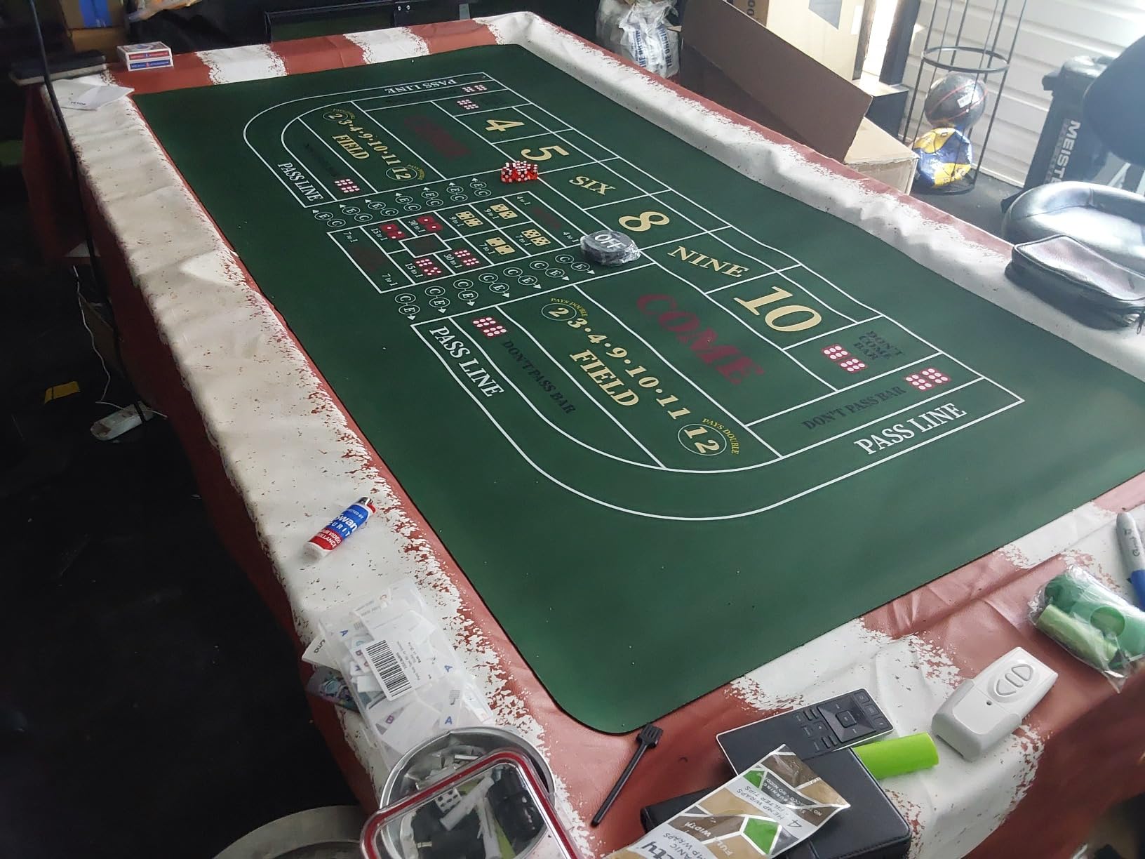 Leyndo Craps Tabletop Game Set 35x70 Rubber Tabletop Layout Mat, Red | Casino Grade AAA 19mm Dice, 3 Inch On/off Buttons customer photo 2