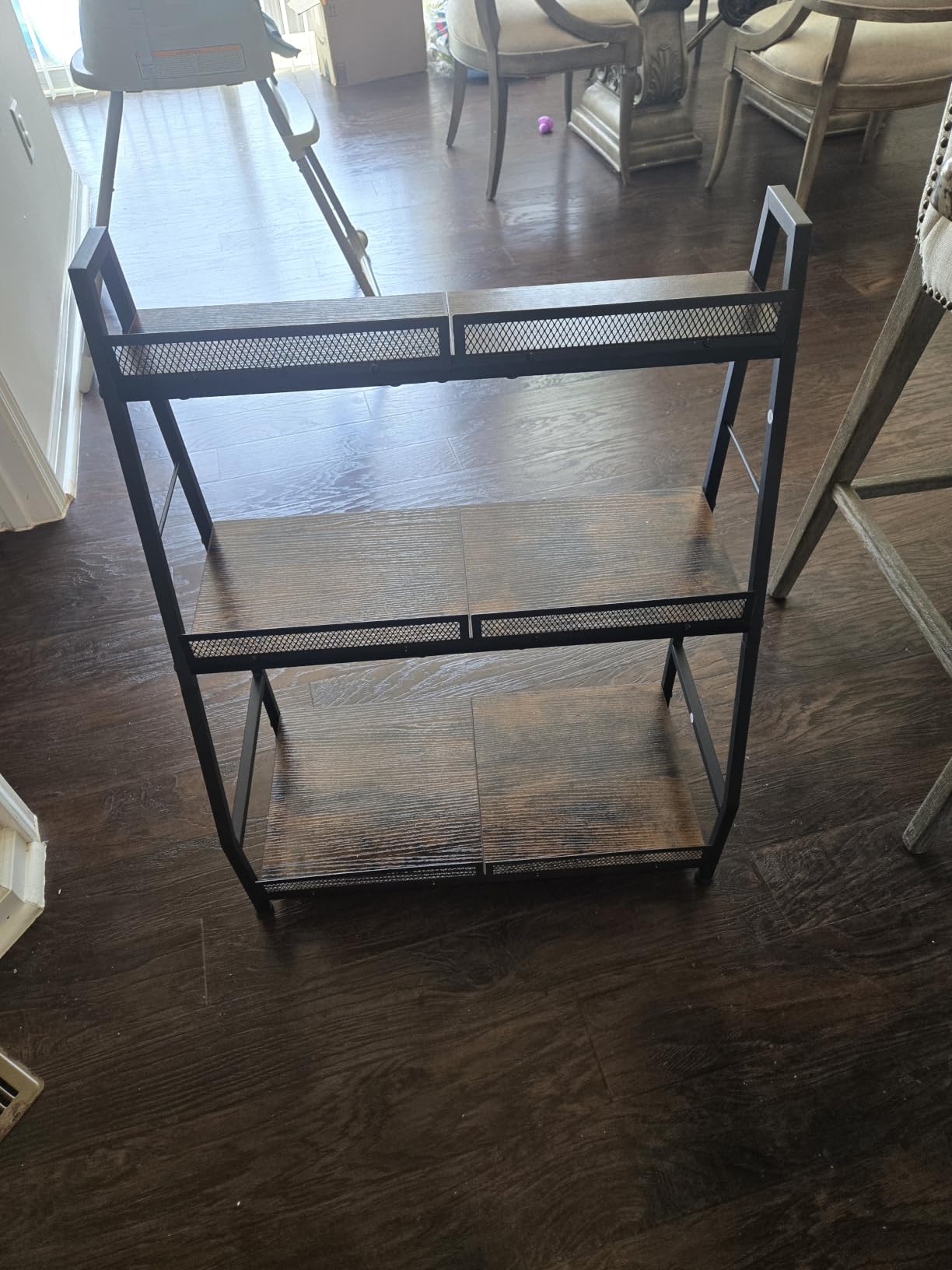 Hayexiha 3-Tier Liquor Stand for Home Bar, Stepped Freestanding Wine Rack | Compact Display: 15.55-inch-wide wood-and-iron stand has three fenced tiers and adjustable feet for corners or home bars. customer photo 1