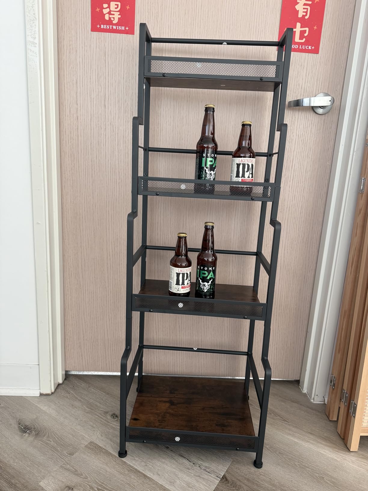 Hayexiha 3-Tier Liquor Stand for Home Bar, Stepped Freestanding Wine Rack | Compact Display: 15.55-inch-wide wood-and-iron stand has three fenced tiers and adjustable feet for corners or home bars. customer photo 2
