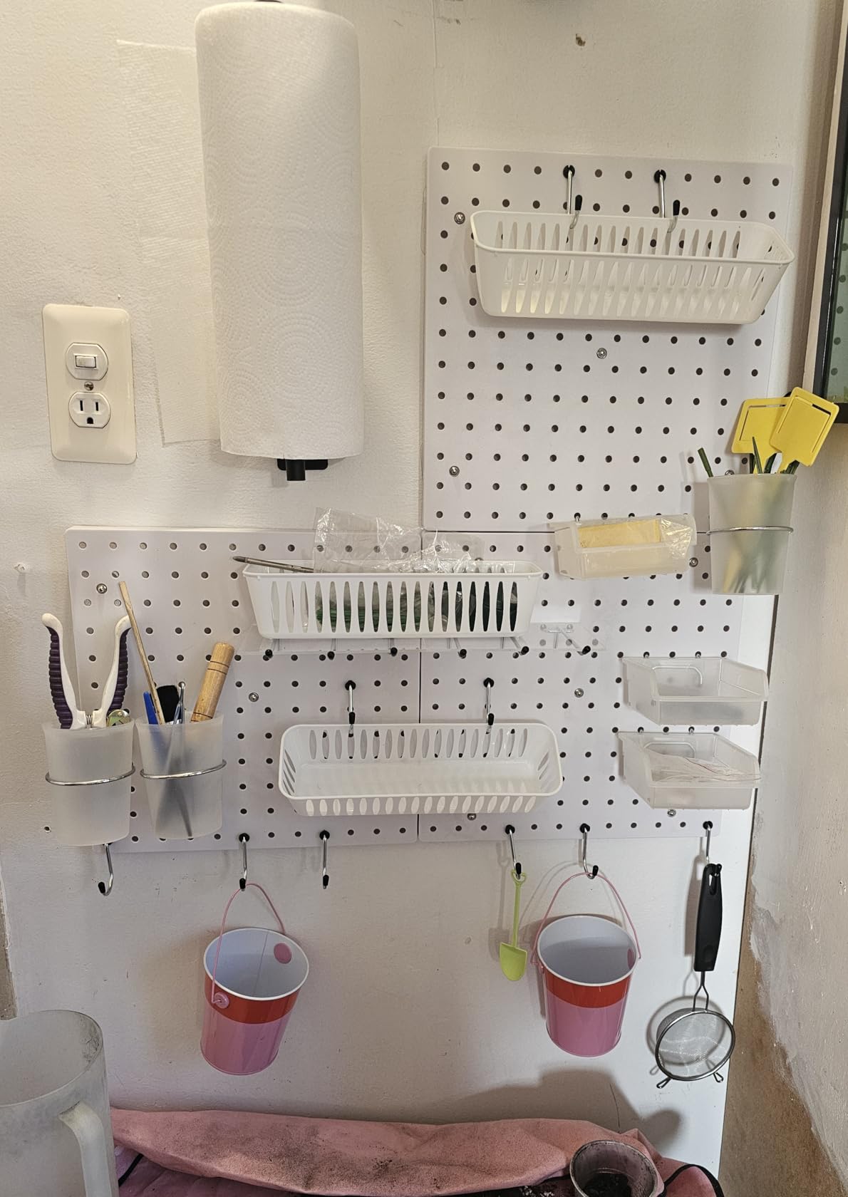 FZK Modular Plastic Peg Board Wall Organizer Kit, 12x12, White | Includes 26 hooks and 2 bins, adhesive or drill mounting, ideal for office, gaming room, garage customer photo 2