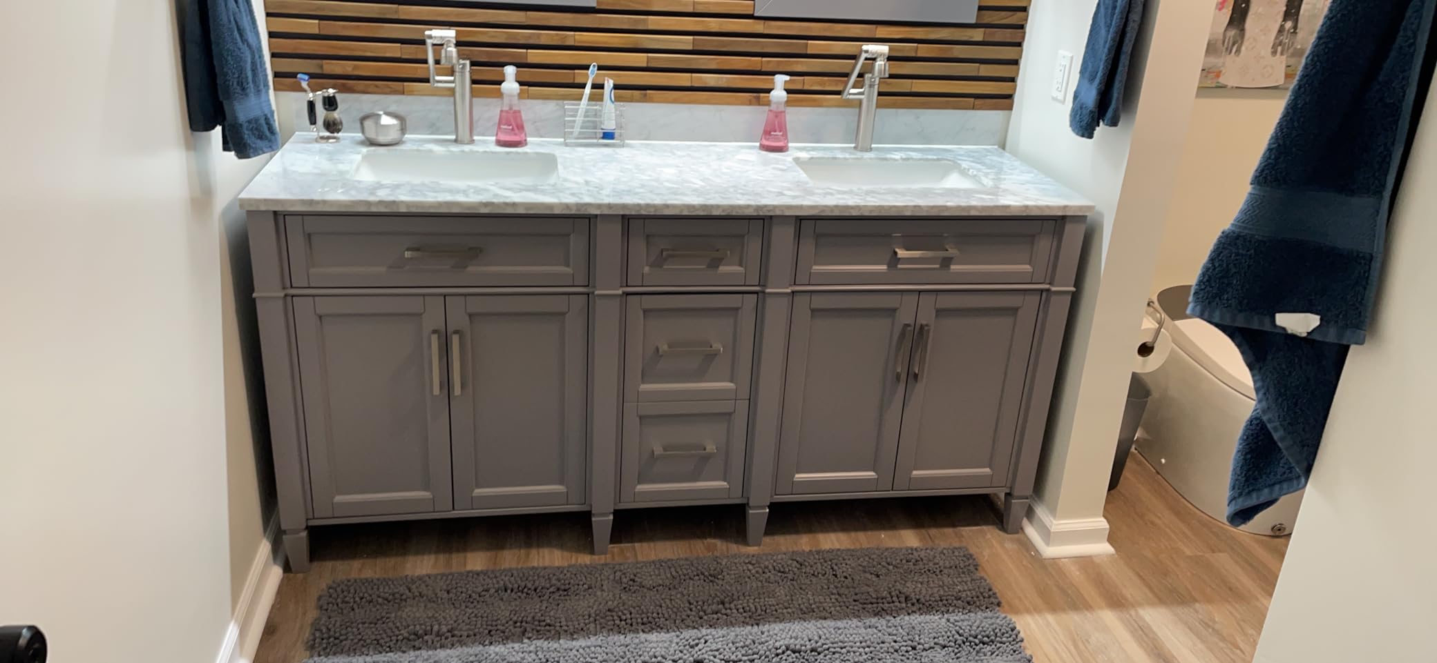 Vanity Art 60 inch Bathroom Vanity with Single Sink, Modern Wood Bath Vanity with Black Carrara Marble Top, Vanity Cabinet with Doors, Removable Shelf, Solid Wood Frame, Tan, VA7060B customer photo 1
