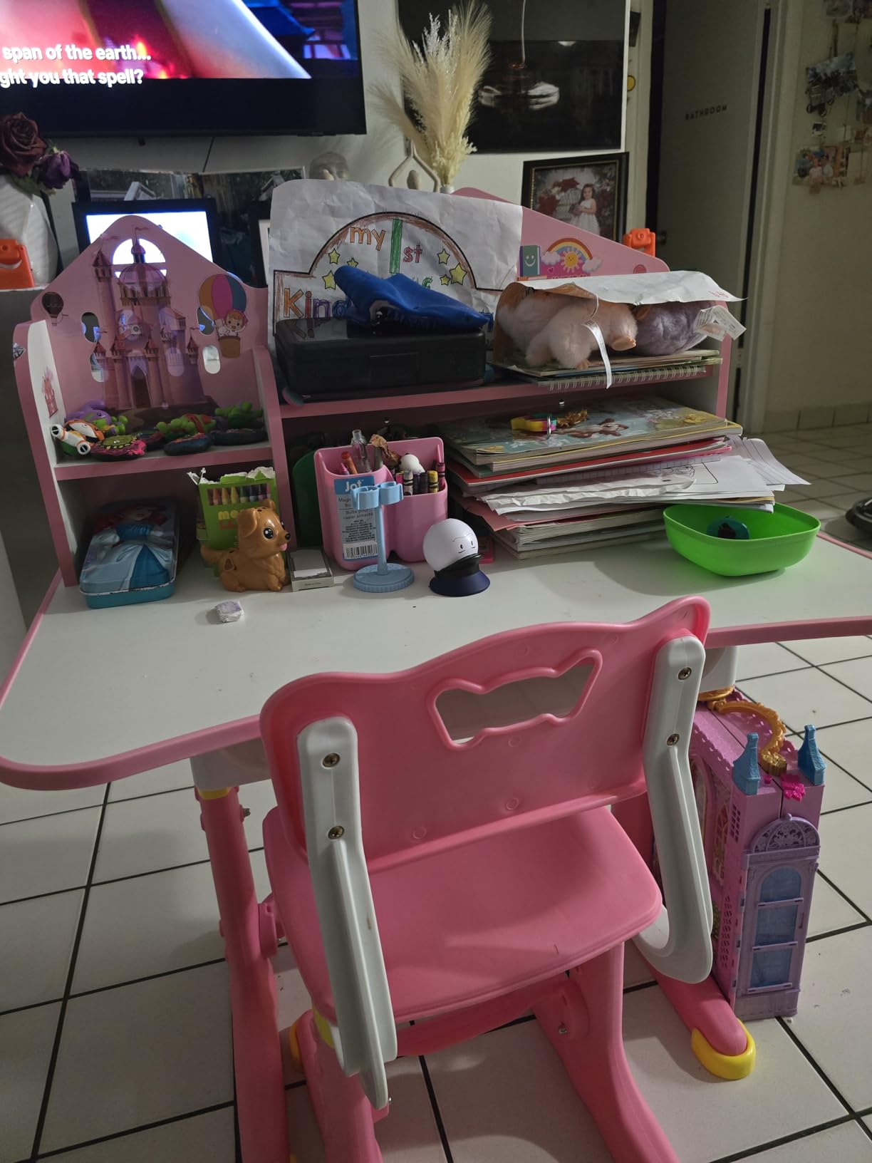 Kids Adjustable Study Desk & Chair Set w/Storage,Drawers,Bookshelf,Child Toddler Writing Homework Table,Little Girl Work Computer Desk,Princess Preschool Desk,Escritorio Mesas para Niña (Blue) customer photo 1