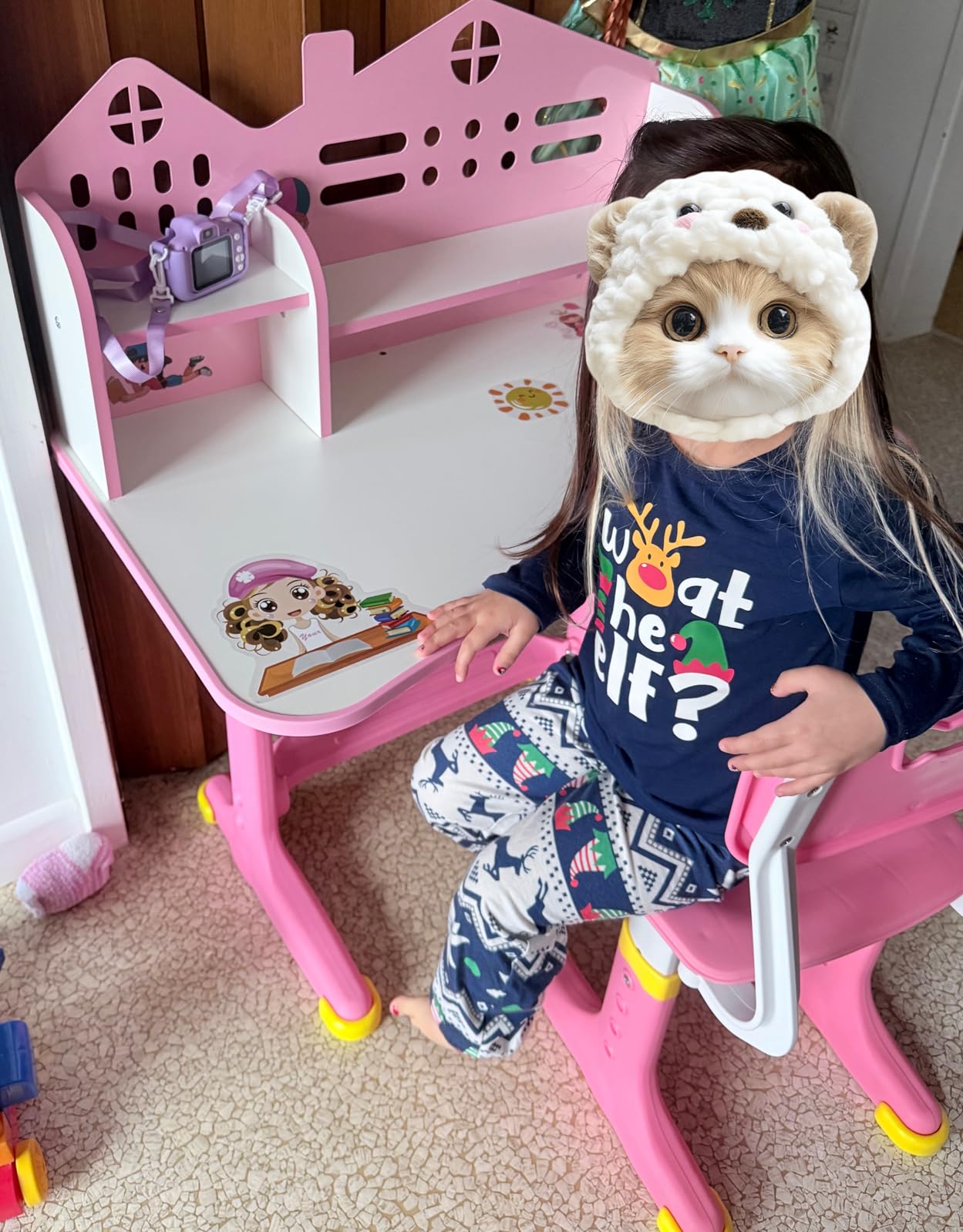 Kids Adjustable Study Desk & Chair Set w/Storage,Drawers,Bookshelf,Child Toddler Writing Homework Table,Little Girl Work Computer Desk,Princess Preschool Desk,Escritorio Mesas para Niña (Blue) customer photo 2