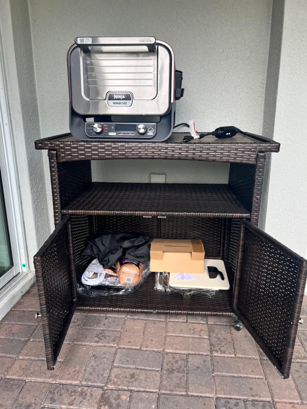Outdoor Bar Cart with Storage Cabinet Patio Wicker Sideboard Buffet Cabinet Prep Table Outside Kitchen Serving Cart with Rolling Wheels & Handle Rattan Portable Bar Table with Shelves Doors Brown customer photo 1