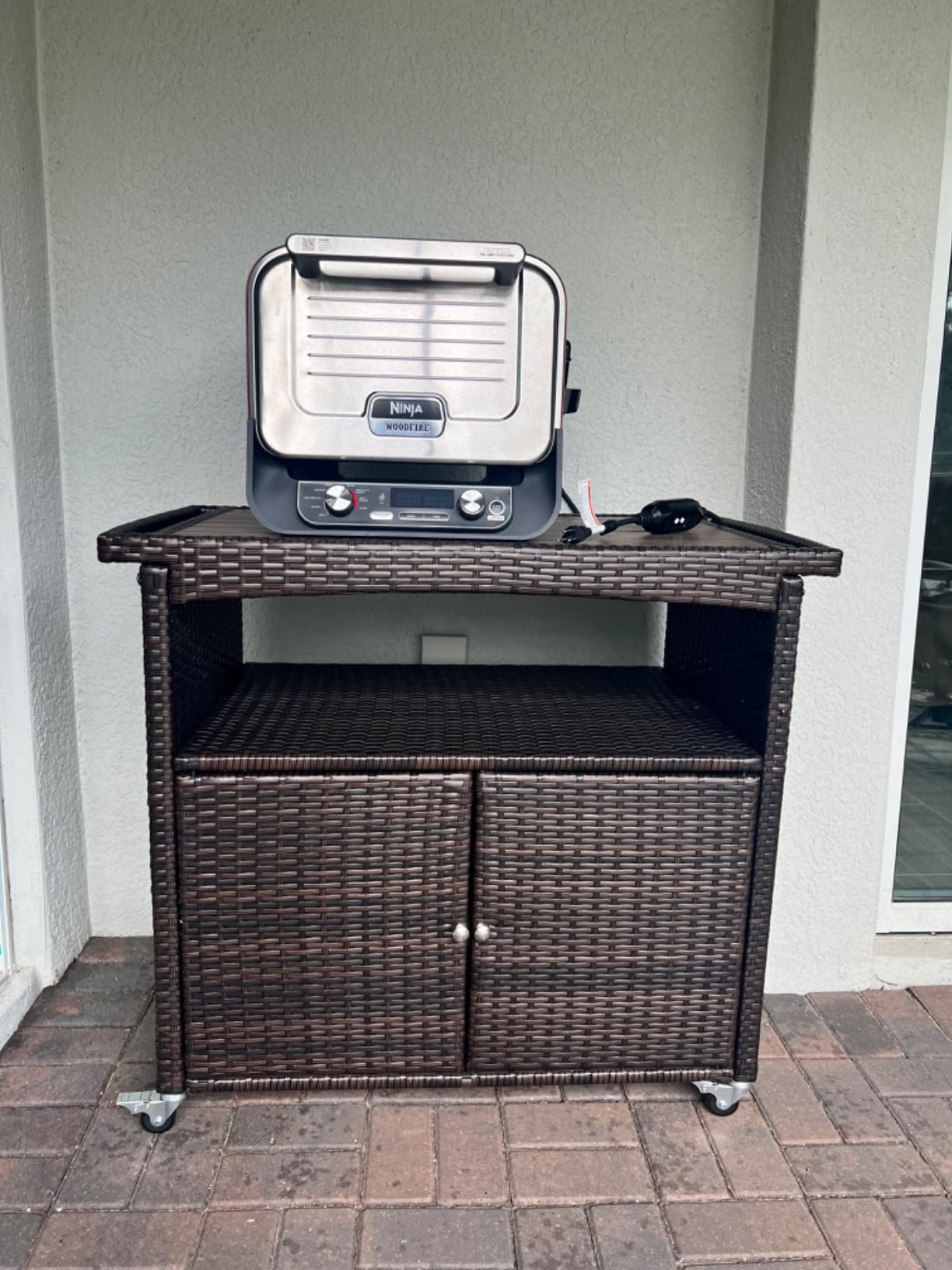 Outdoor Bar Cart with Storage Cabinet Patio Wicker Sideboard Buffet Cabinet Prep Table Outside Kitchen Serving Cart with Rolling Wheels & Handle Rattan Portable Bar Table with Shelves Doors Brown customer photo 2