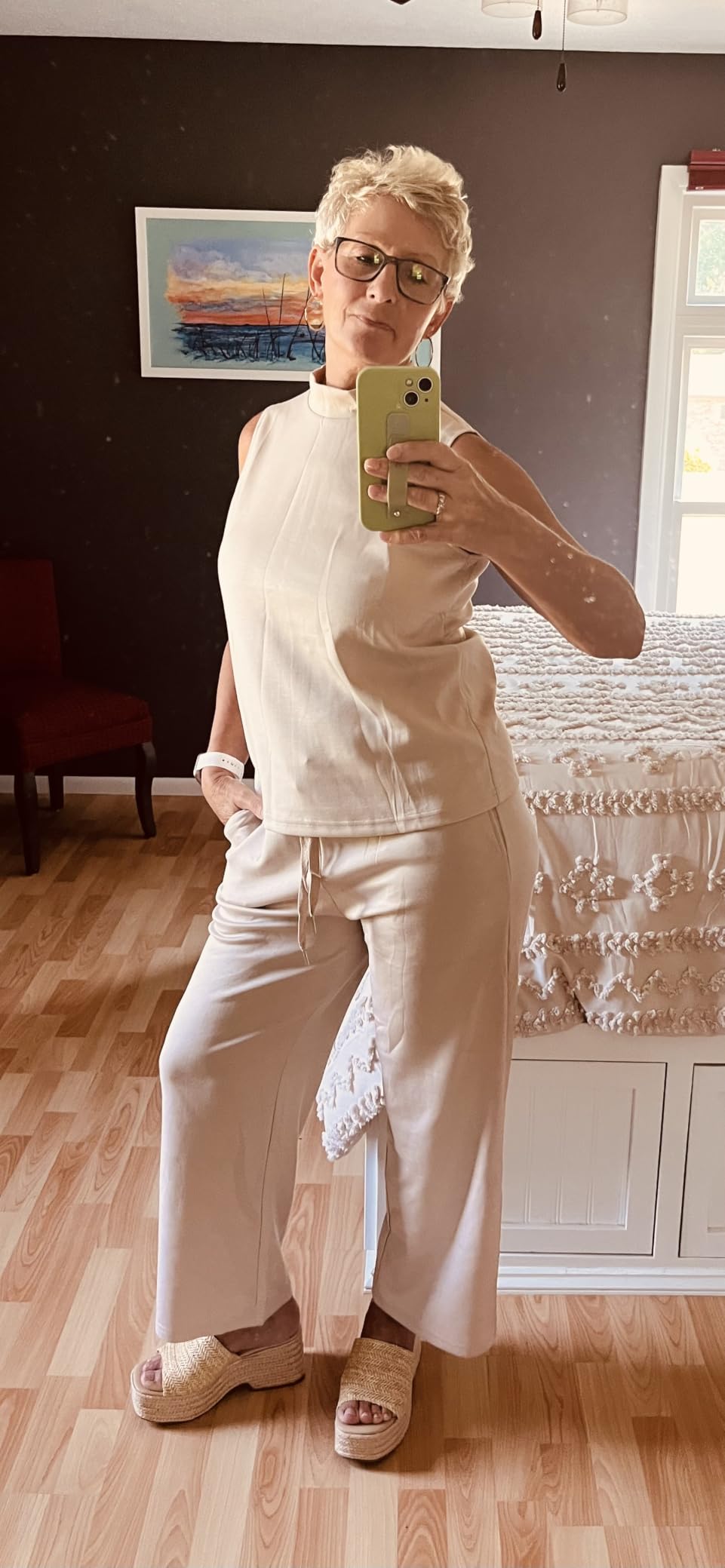 SAMPEEL Two Piece Sets for Women Summer Outfits Lounge Sets Mock Neck Tops Wide Leg Crop Pants Vacation Travel Outfits customer photo 2