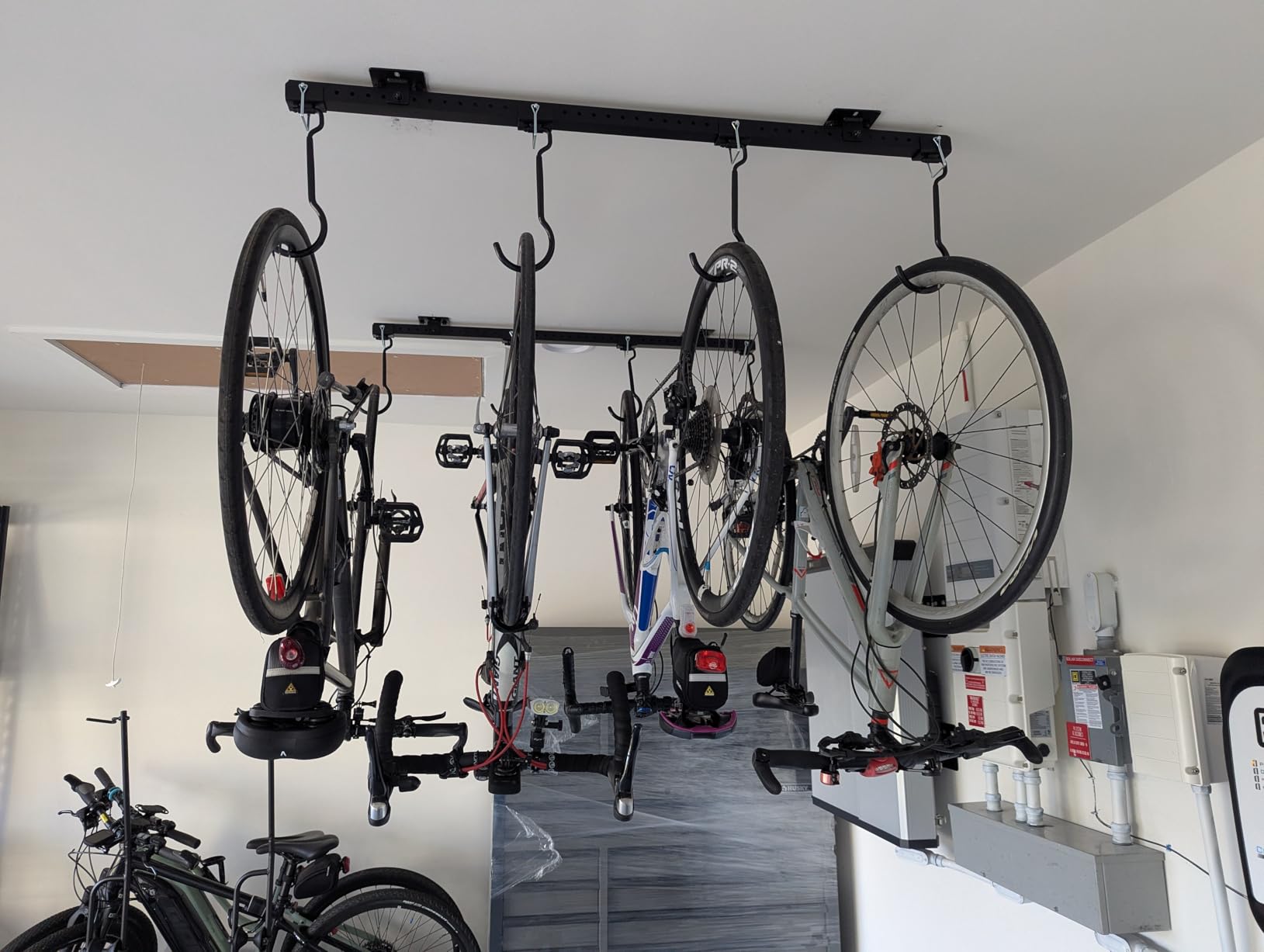 Teal Triangle Adjustable Ceiling Mounted Bike Rack for Garage, Hold 8 Bikes | Ceiling Bike Hanger, Hanging Bike Rack for Garage, Rubber Coated Hooks, Holds 8 Bikes customer photo 1
