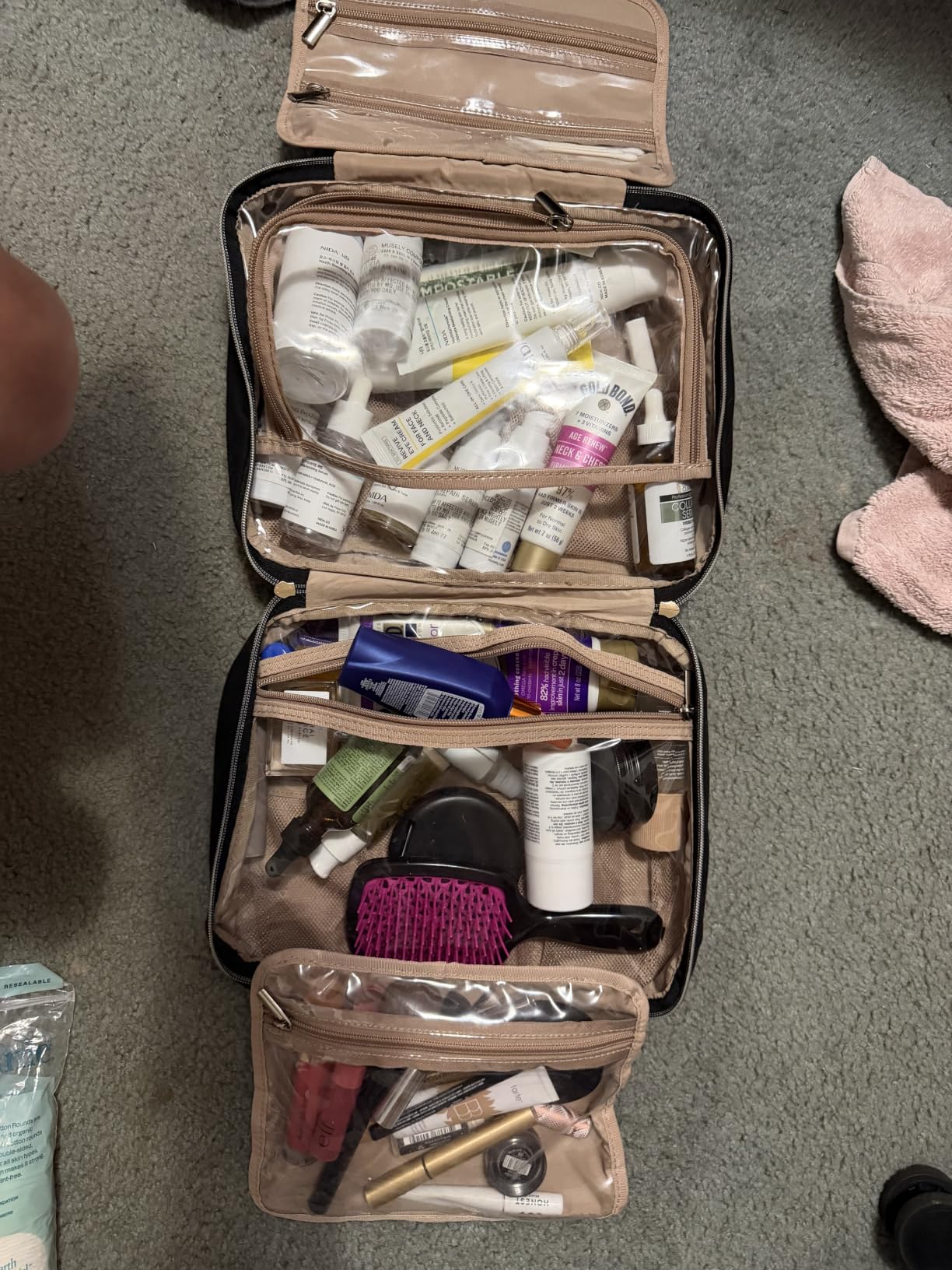 NISHEL Travel Toiletry Bag for women, Portable Hanging Organizer for Travel-Sized Shampoo, Conditioner, Brushes Set, makeup Accessories, Medium Size, Pink customer photo 1