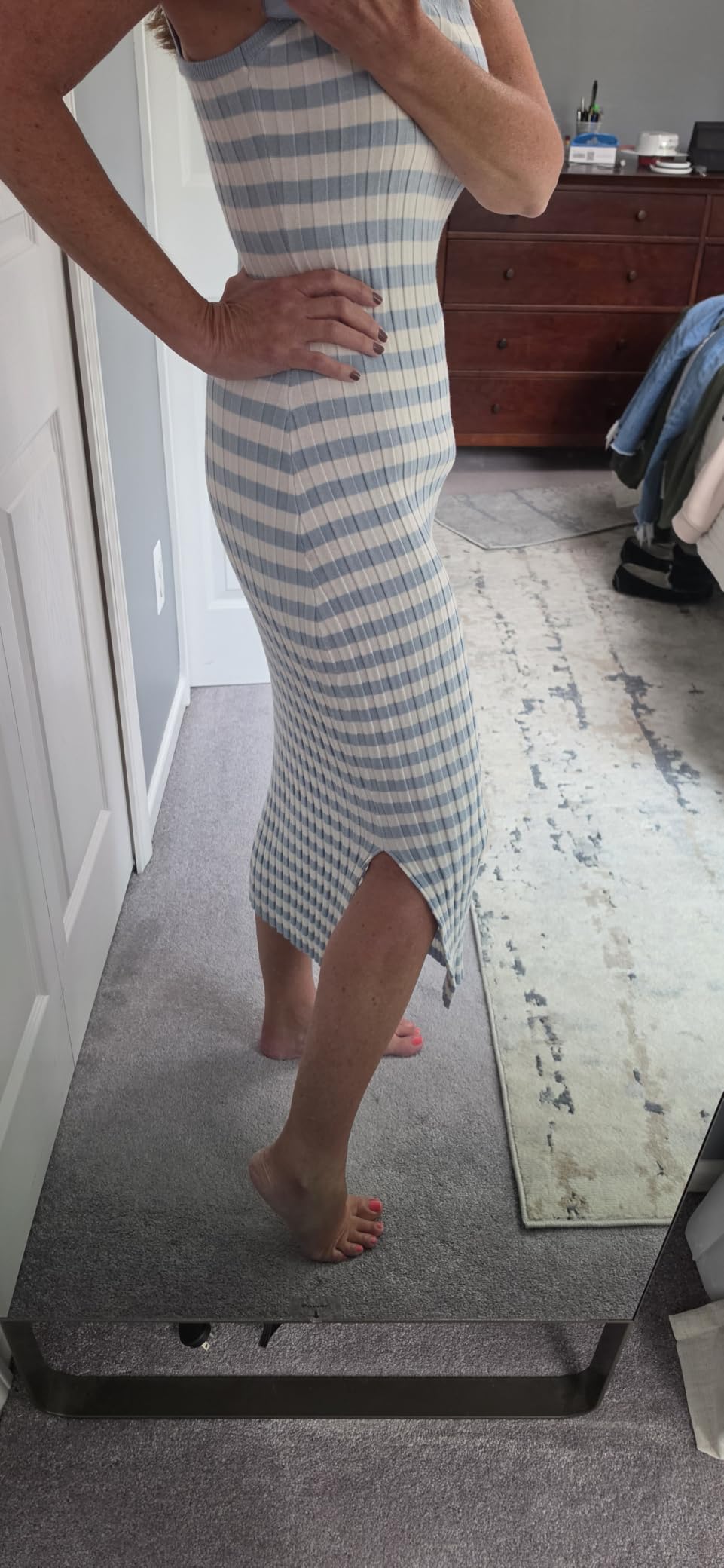 MEROKEETY Womens Summer Striped Bodycon Ribbed Knit Midi Sweater Dress customer photo 1