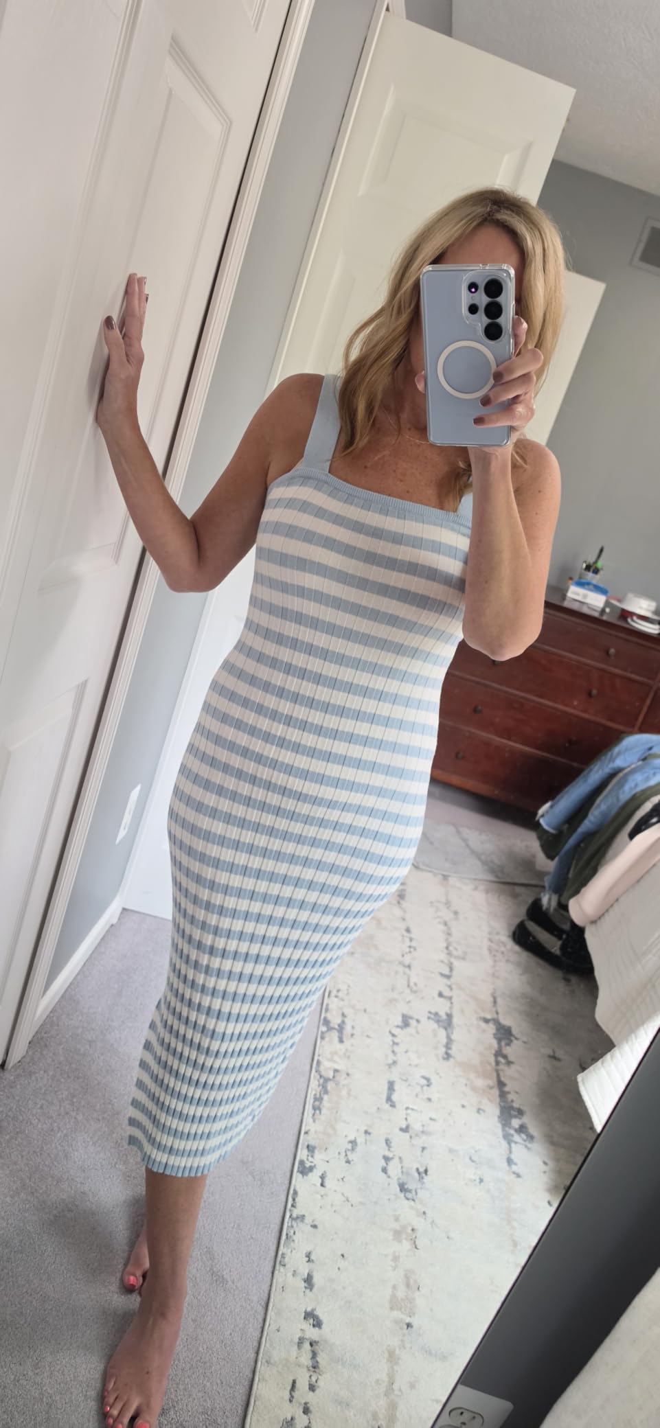 MEROKEETY Womens Summer Striped Bodycon Ribbed Knit Midi Sweater Dress customer photo 2
