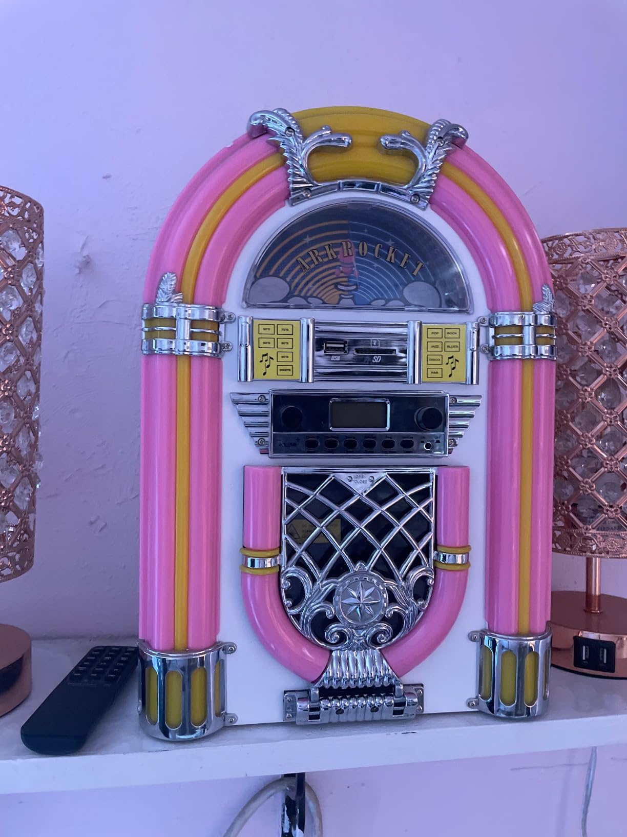 Arkrocket Athena Mini Jukebox/Tabletop CD Player/Bluetooth Speaker/Radio/USB and SD Card Player with Retro LED Lighting System (Black Golden) customer photo 1