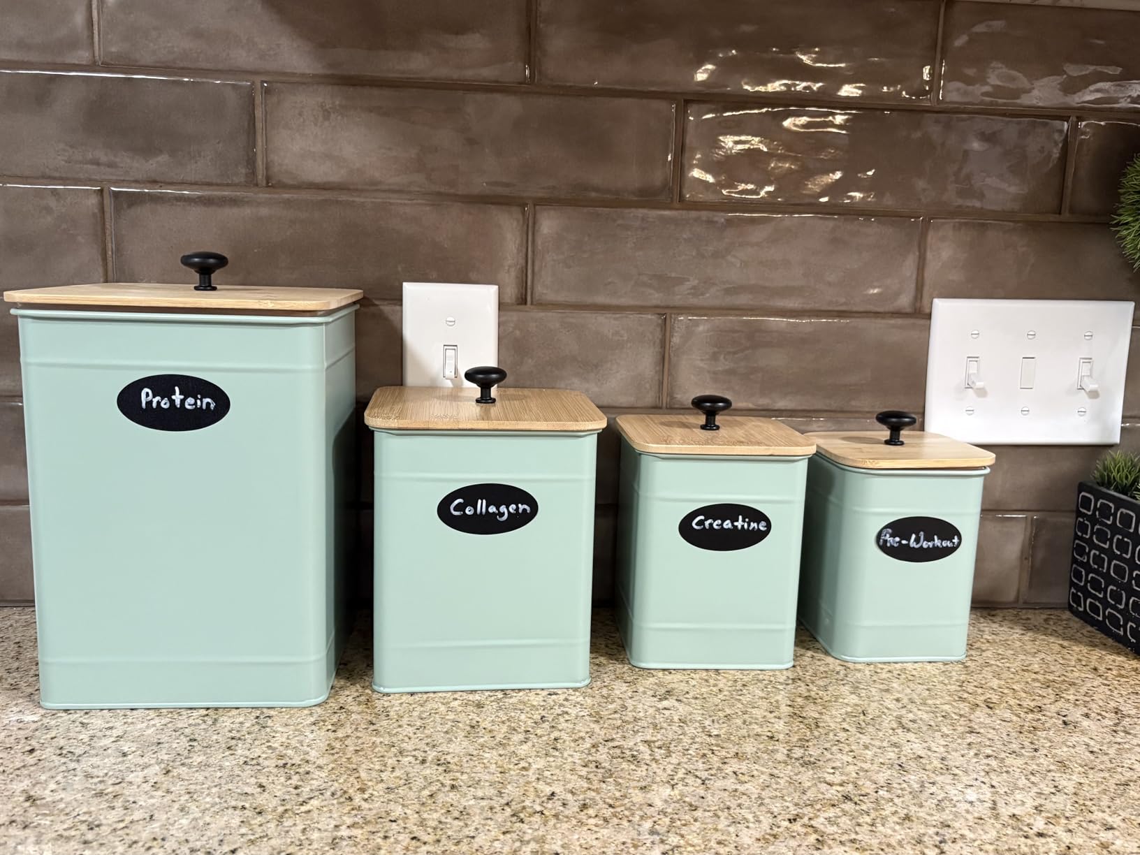 Kitchen Canisters for Countertop Set of 4 w/ Chalkboard Labels & Marker Pen | Airtight Easy Open Bamboo Lids, Dent-Resistant Thick Metal, Customizable Chalkboard Labels, Marker Pen Included, Set of 4 customer photo 2