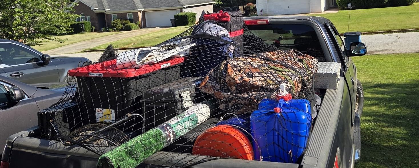 AUTOWN Cargo Net for Pickup Truck Bed - Stretchable 4'x4' to 7'x7', High Elastic Fine Mesh 1''x1'' with 8 Metal Carabiners - Ideal for ATV, SUV, UTV, Truck and Boat Use (Single Layer) customer photo 2