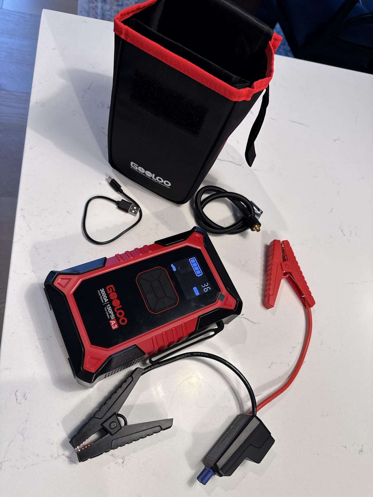 GOOLOO A3 12V 3000A Portable Jump Starter with Air Compressor | Supersafe Car Battery Booster Pack (9L Gas/6.5L Diesel) - BOOST for Dead Battery - 150 PSI Auto-Off Tire Inflator - LED Light customer photo 2