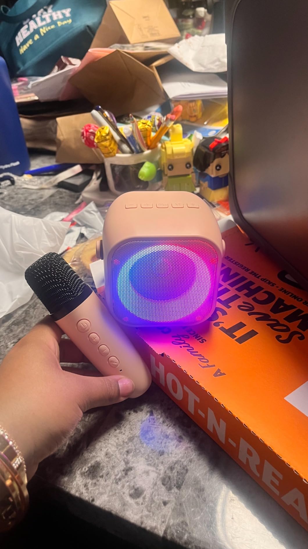 Mini Karaoke Machine, Portable Bluetooth Karaoke Speaker with 2 Wireless Microphones, Singing Machine with Party Lights for Kids and Adults, Birthday Gifts for Girls Boys Family Home Party customer photo 2