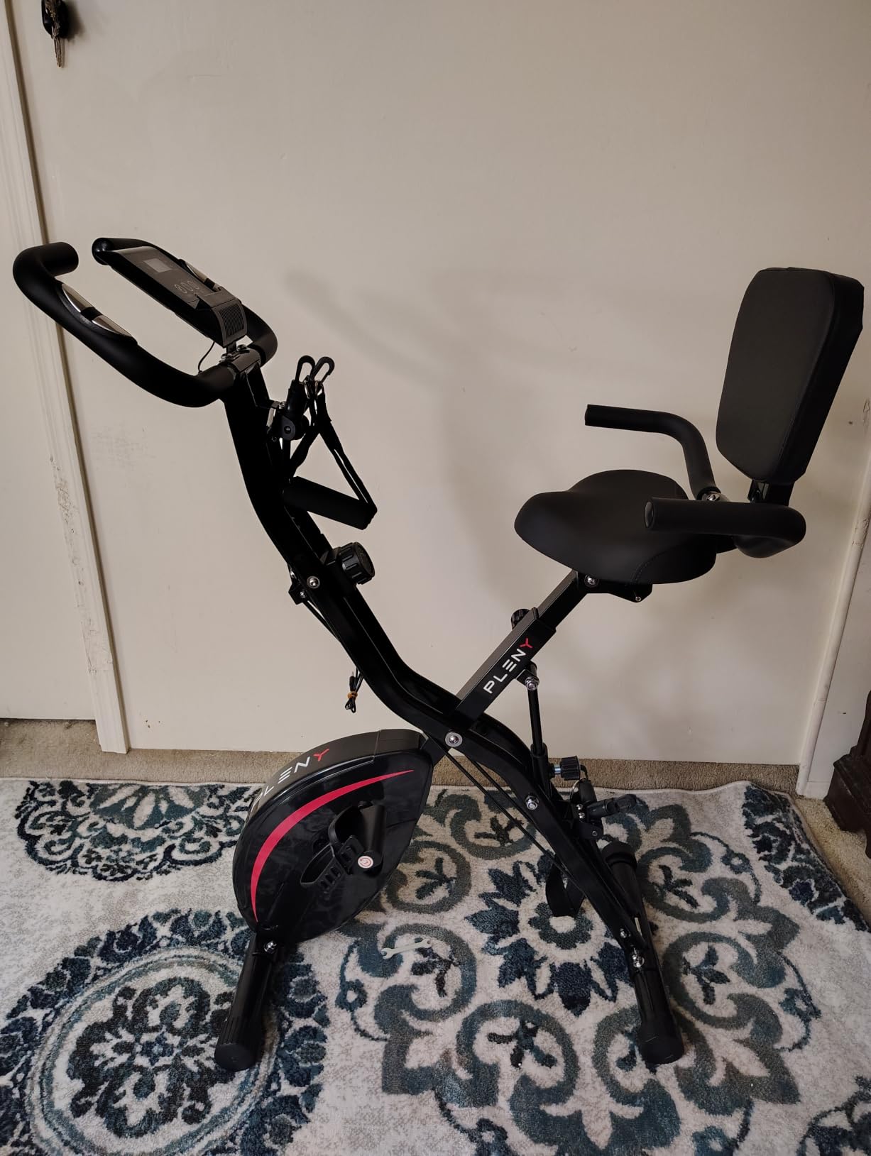 PLENY Folding Exercise Bike, 5 IN 1 Indoor Stationary Bikes for Home | Workout Bike with 6.6 LBS Flywheel, 16-Level Adjustable Magnetic Resistance, 330LB Weight Capacity, Back Support Cushion customer photo 1