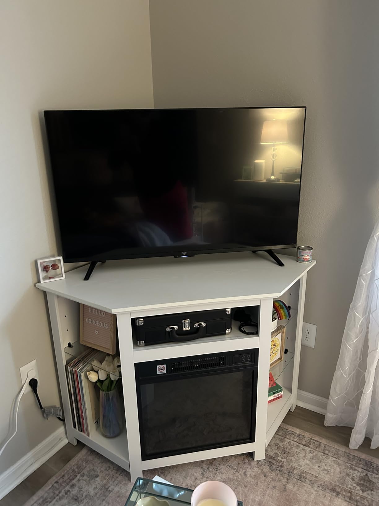 RELAX4LIFE Corner Fireplace TV Stand - Electric Fireplace Entertainment Center w/Heater Insert, LED Lights, APP Control & Adjustable Shelves, Media Console Cabinet for TVs up to 50'' (White) customer photo 1