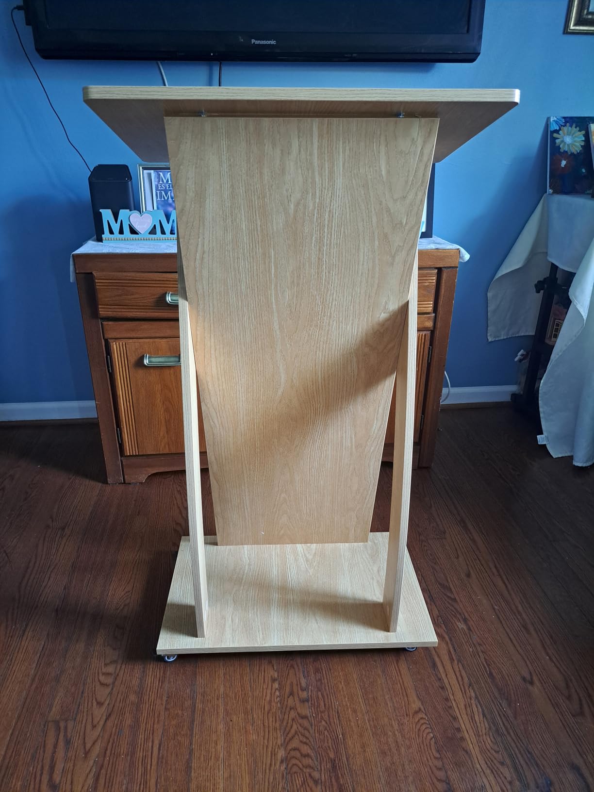 Mobile Wooden Podium Stand with Wheels Lectern Oak Color 16MM Wood Board Elegant Design Wooden Pulpit for Churches Seminars and Schools customer photo 1