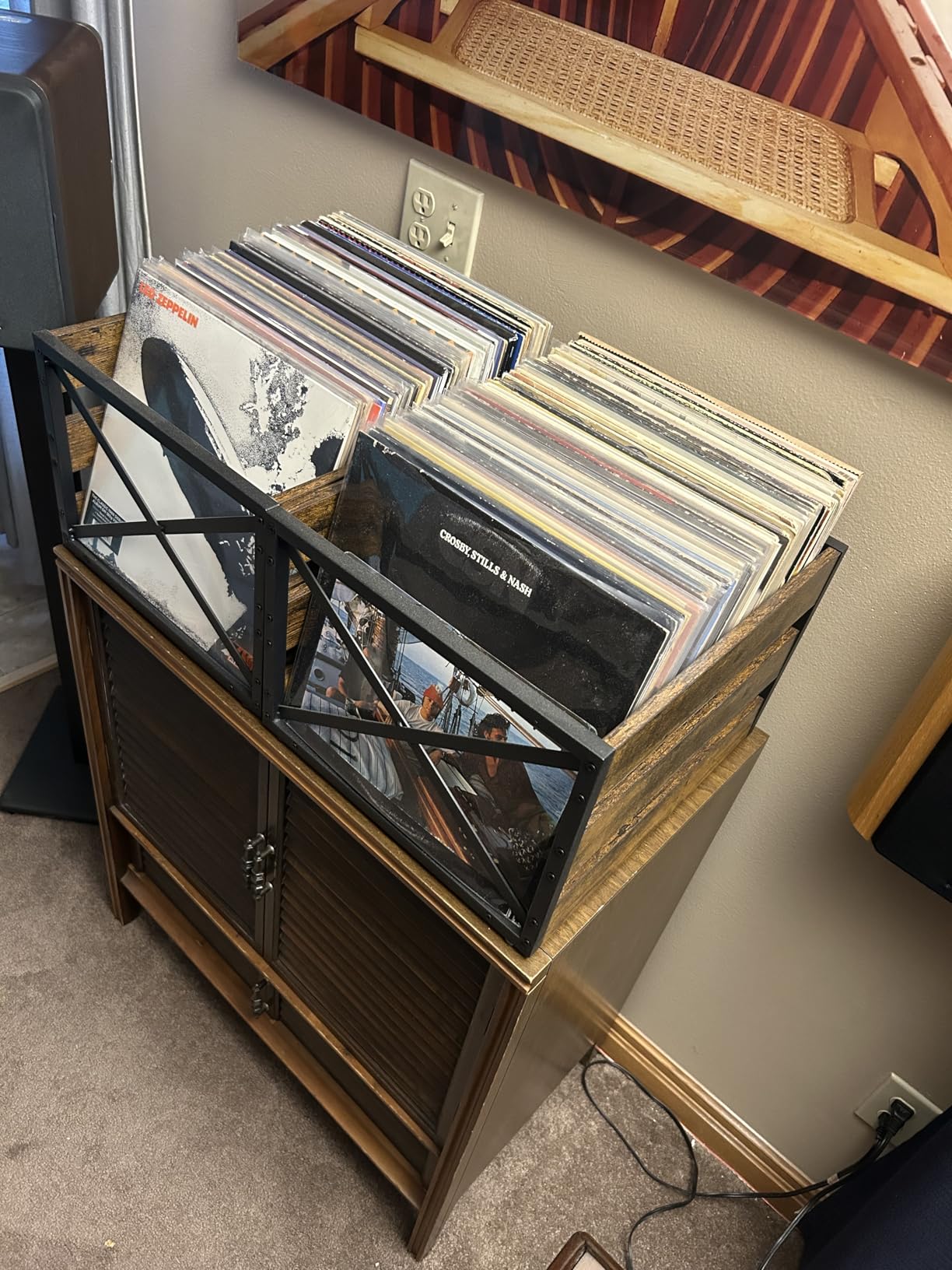 YINMIT Vinyl Record Storage, Metal & Wooden Record Holder, Holds 80+ Records customer photo 2