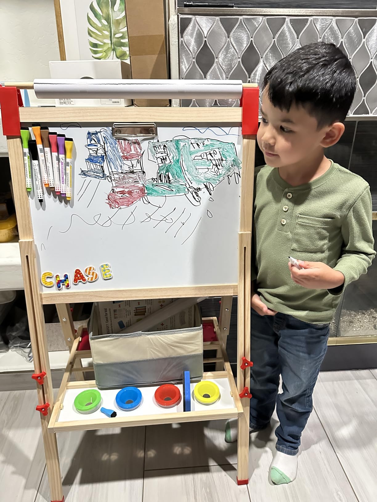 Adjustable Wooden Art Easel for Kids, Double Sided Chalkboard & Whiteboard | Drawing & Painting Station with 114+ Art Supplies, Height Adjustable Magnetic Board for Toddlers Ages 3-12, 2 Paper Rolls customer photo 2