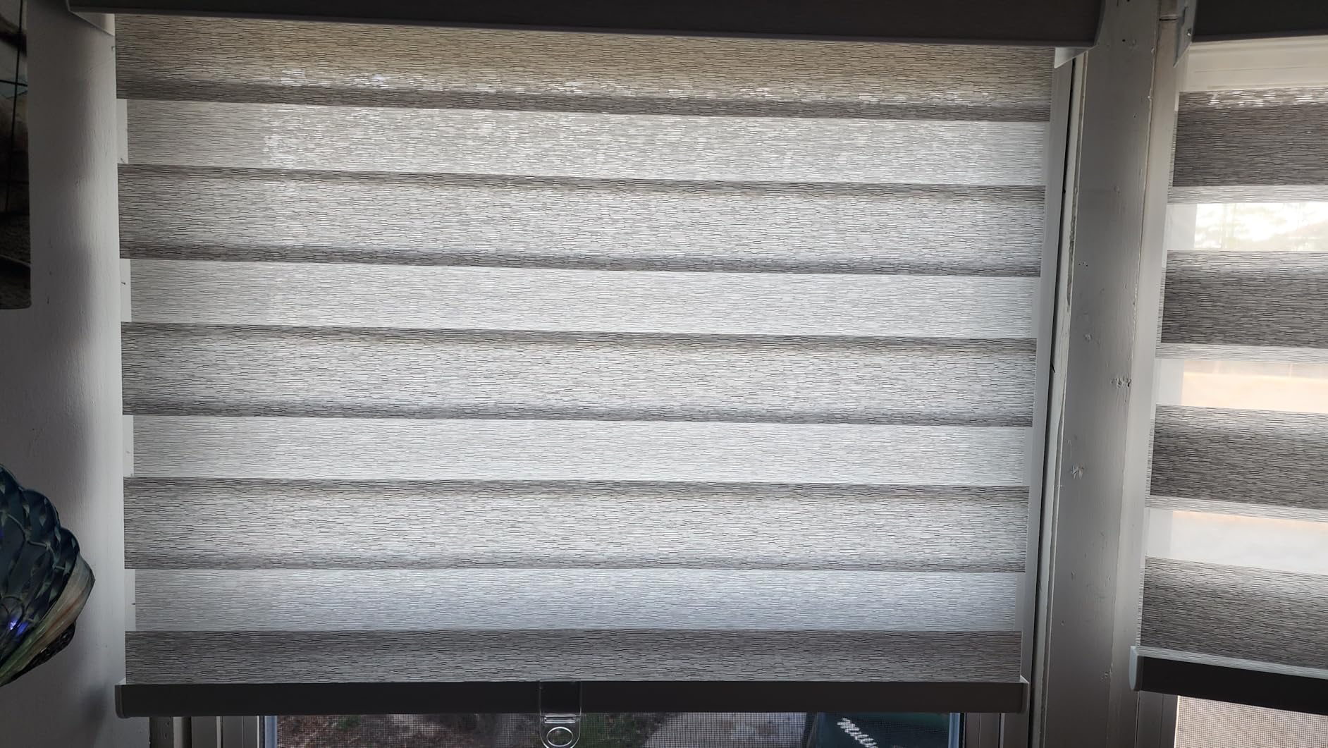 Joydeco Cordless Zebra Blinds for Windows, Dual Layer Light Control Window Blinds with Light-Proof Aluminum Cover, Free-Stop Roller Shades for Home & Office (White, 34.5