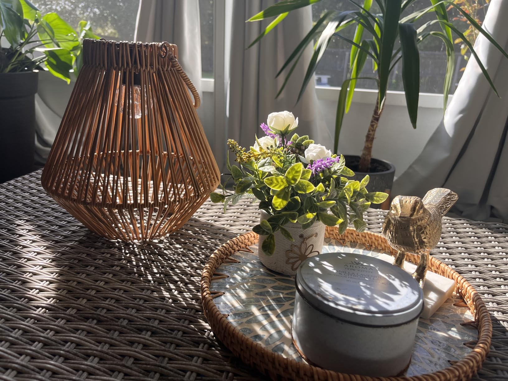 Round Rattan Tray with Mother of Pearl Inlay, Wooden Base | Coffee Table Serving Tray, Home Decorative Wicker Woven, for Outdoor Patio Decor customer photo 2