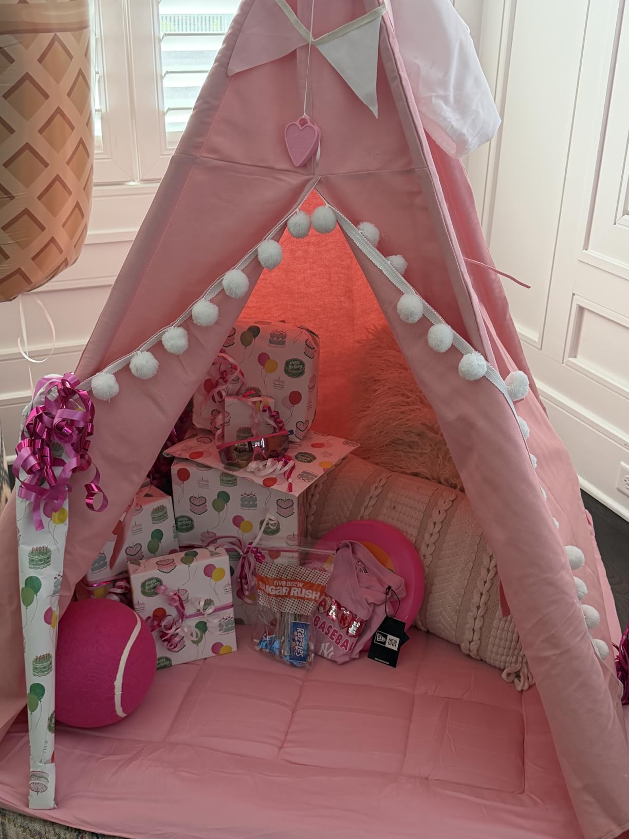 WIRHAO Teepee Tent for Kids with Padded Mat Cotton Canvas Kids Tent with Pompom for Toddlers Indoor Play Tent for Girls Boys with Stars Lights, Carry Bag, Banner Flag (Pink) customer photo 1
