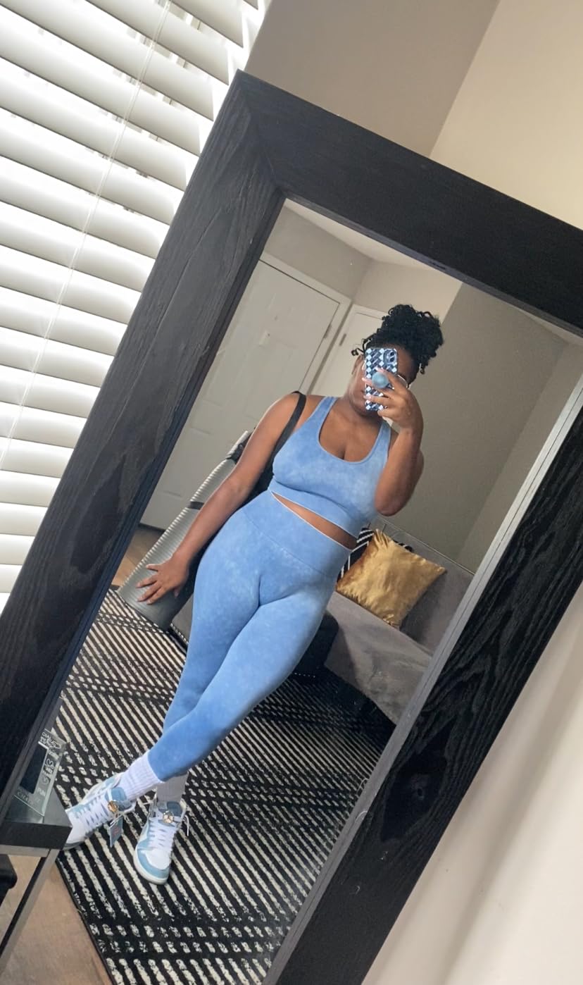 Womens Workout Sets 2 Piece - Acid Wash Seamless Yoga Outfits High Waist Leggings Padded Racerback Sports Bra Gym Set customer photo 1