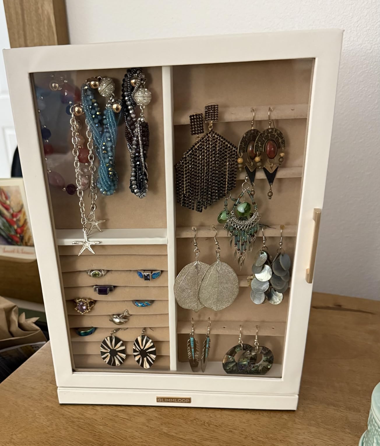 Glimmloop 360° Rotating Jewelry Box with 7 Drawers, Spacious Vertical Jewelry Organizer with Glass Window, Jewelry Storage Case, Dustproof & Moisture-resistant Design, White customer photo 1
