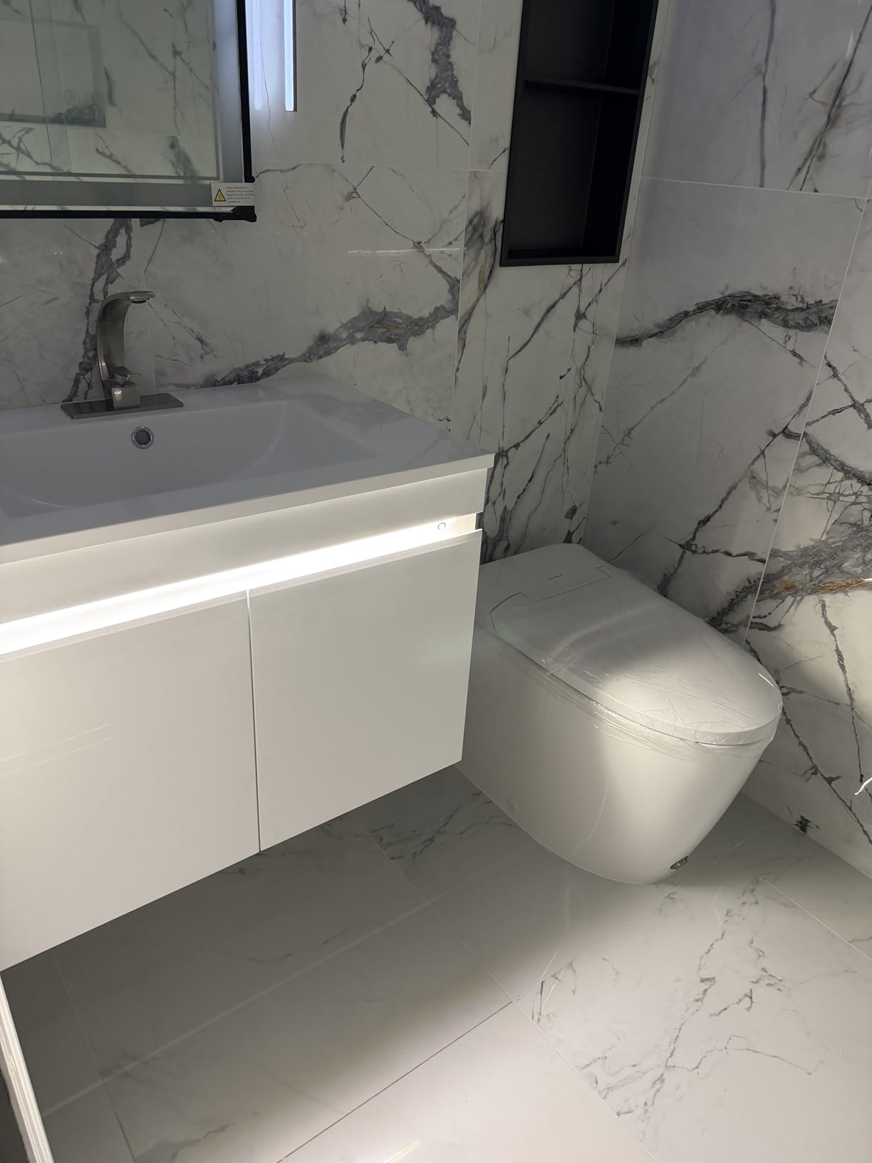 AHB 30 inch Bathroom Vanity W/Sink Combo, High Gloss Bathroom Cabinet, Smart Wall Mounted Sink Cabinet Auto Motion Sensor LED Light, Modern Floating Vanity with Faucet customer photo 2