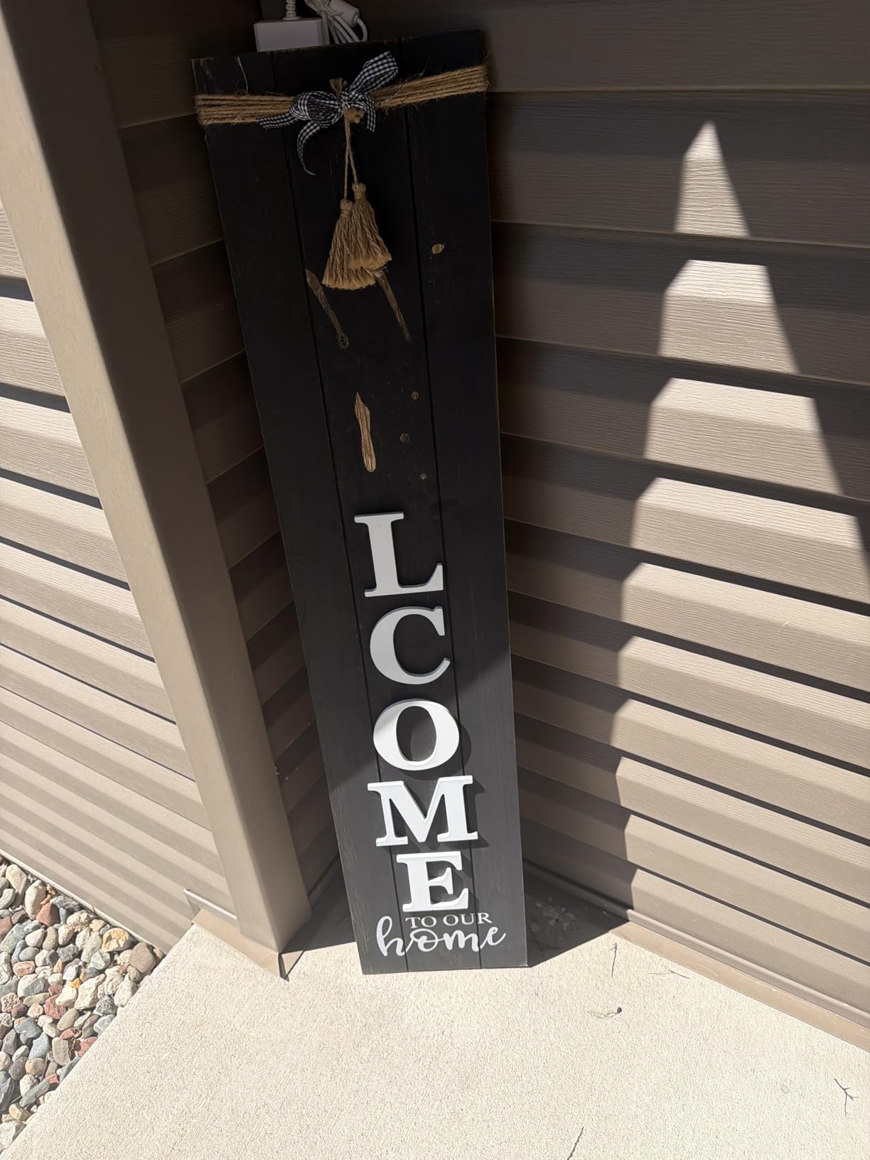 Large Vertical Welcome Sign for Front Door Porch, 47x10 Inch Solid Wood Farmhouse Porch Decor, 3D Raised Letters Rustic Welcome to Our Home Sign with Beads & Bow, No Assembly Required, Whitewashed customer photo 1