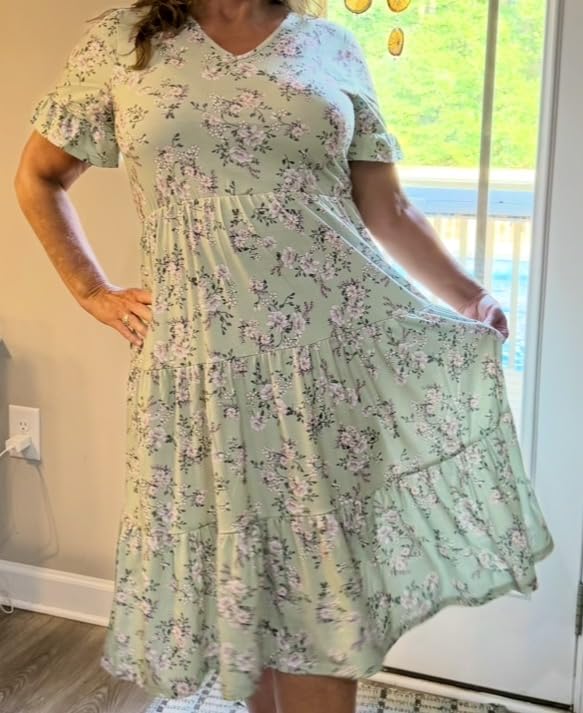 ZEAGOO Women's Summer Dresses Midi Tiered Casual Dress Floral V Neck Ruffle Short Sleeve Flowy Beach Dress with Pockets customer photo 1