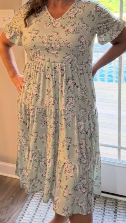 ZEAGOO Women's Summer Dresses Midi Tiered Casual Dress Floral V Neck Ruffle Short Sleeve Flowy Beach Dress with Pockets customer photo 2