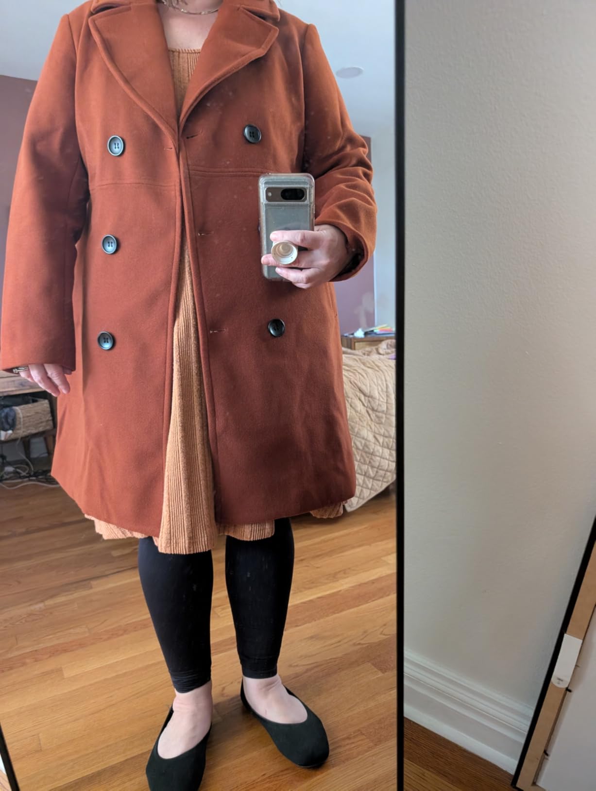 Women's Wool Blend Double Breasted Pea Coat Notched Lapel Mid Long Trench Overcoat with Pockets customer photo 1