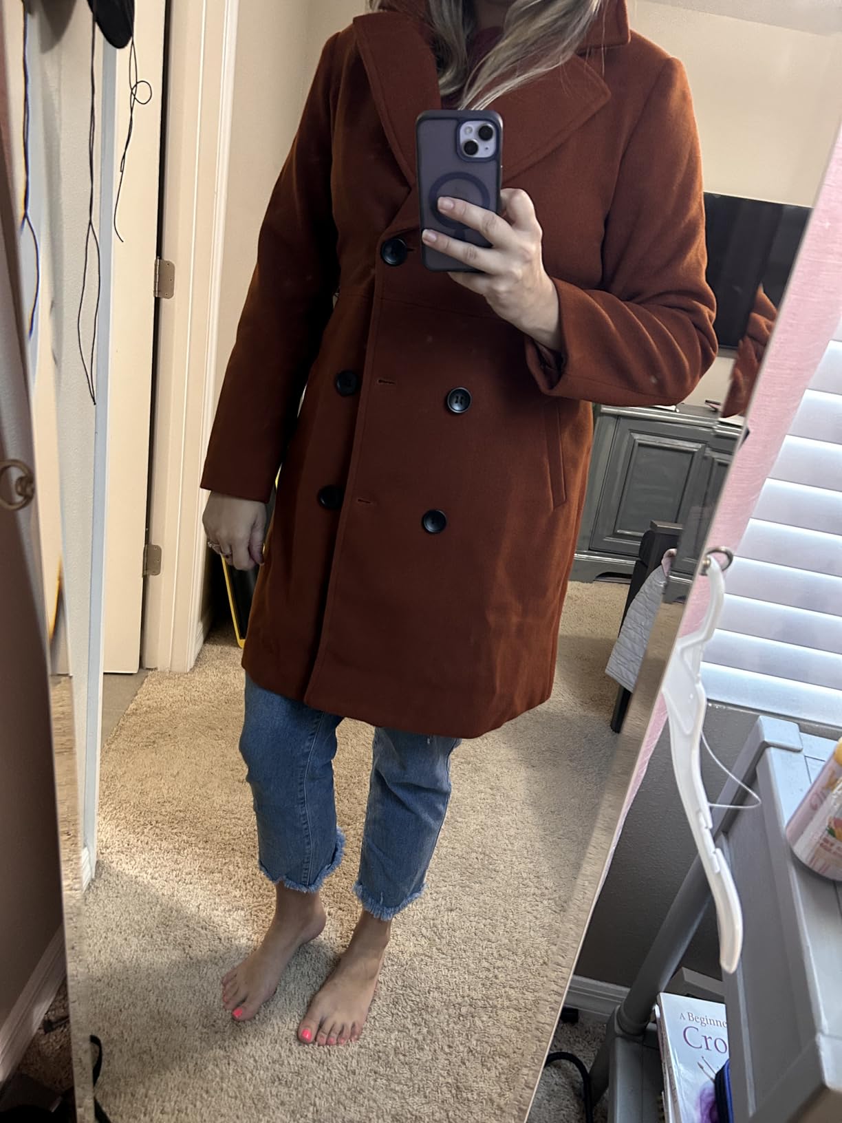 Women's Wool Blend Double Breasted Pea Coat Notched Lapel Mid Long Trench Overcoat with Pockets customer photo 2