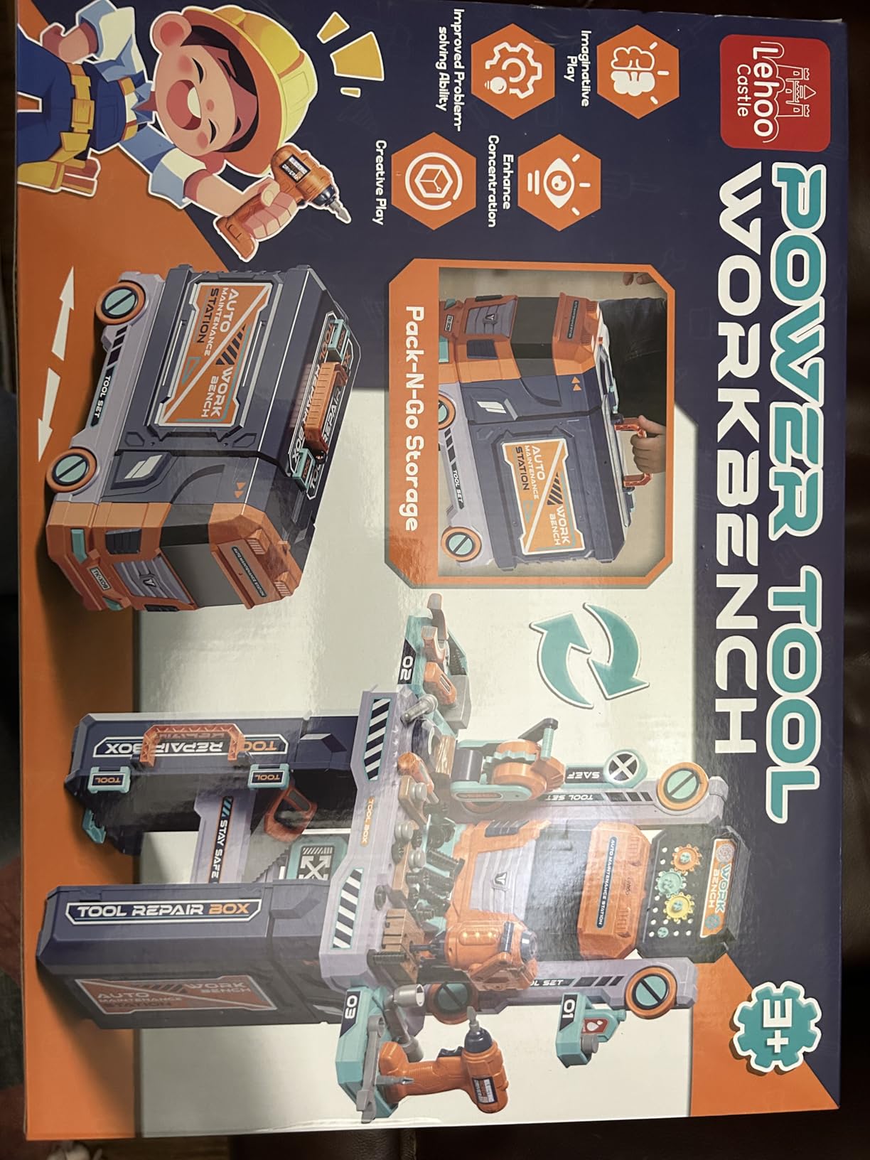 Lehoo Castle Kids Tool Bench with Electric Drill and Construction Vehicles, 2-in-1 Workbench and Toolbox for Toddlers, STEM Learning Toys for Age 3-5, Birthday Gift for Boys & Girls customer photo 1