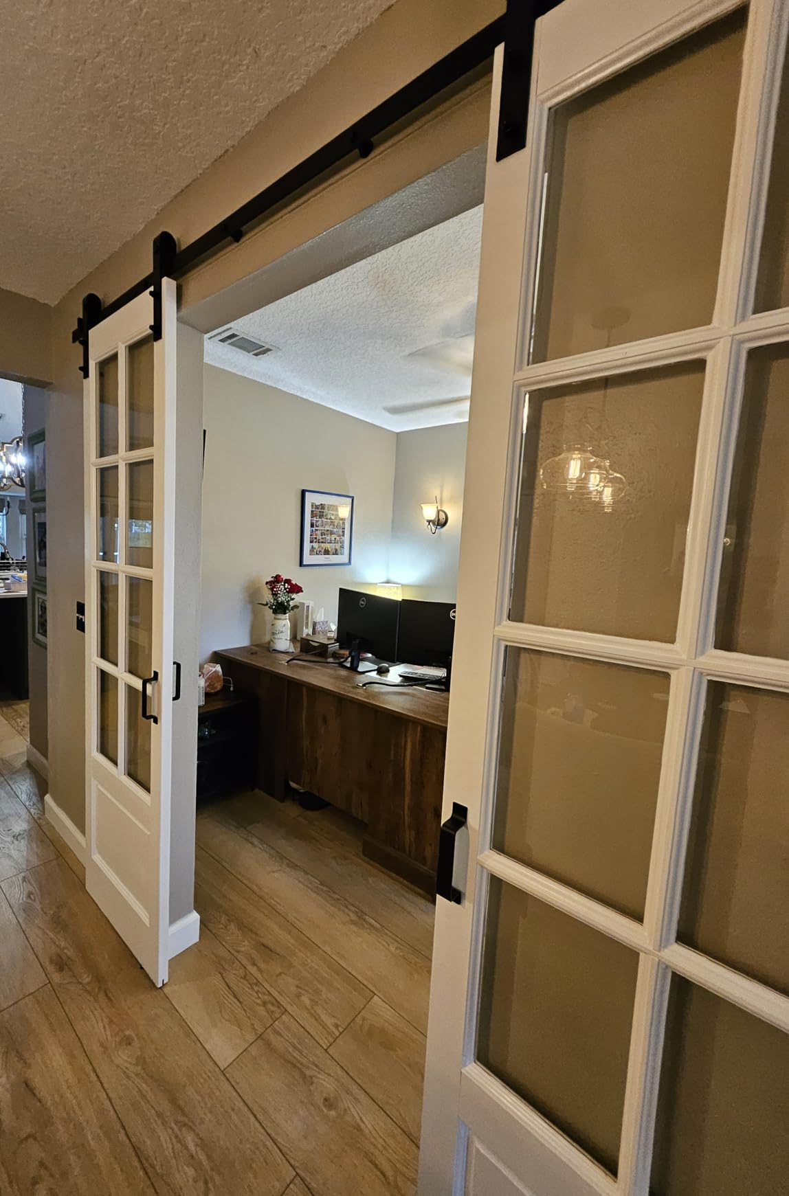 Preassembled 48x84 (Double 24x84) Inch Clear Glass French Interior Door with 8Ft Barn Door Hardware Kit Included, Spruce Wood Support DIY Dyeing, Easy Assembly customer photo 1