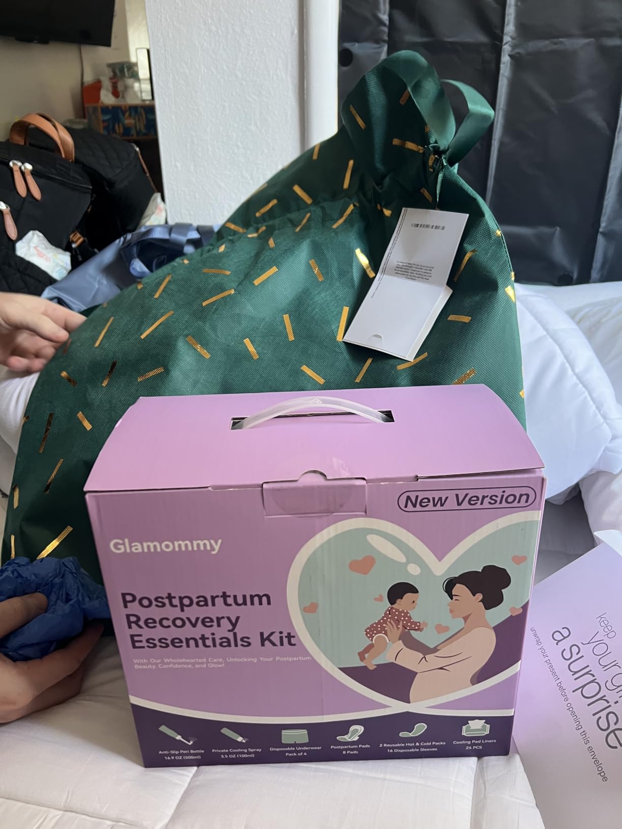 Glamommy Postpartum Recovery Essentials Kit, Labor & Delivery Care for Mom | Includes peri bottle, cooling spray, disposable underwear, postpartum pads, hot & cold packs, soothing liners for postpartum customer photo 1