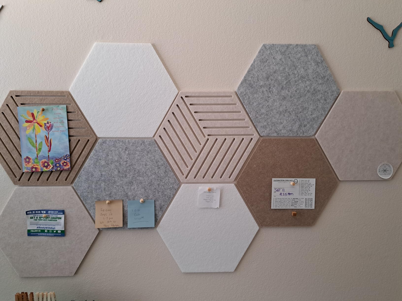 Felt Pin Cork Boards for Walls, 12 x 10 inch, 10 Pack | Hexagon Cork Board Tiles for Office, 1300g/m² Dense Felt, Fully Self Adhesive, Peel and Stick, Frameless, Modern, Boho customer photo 2