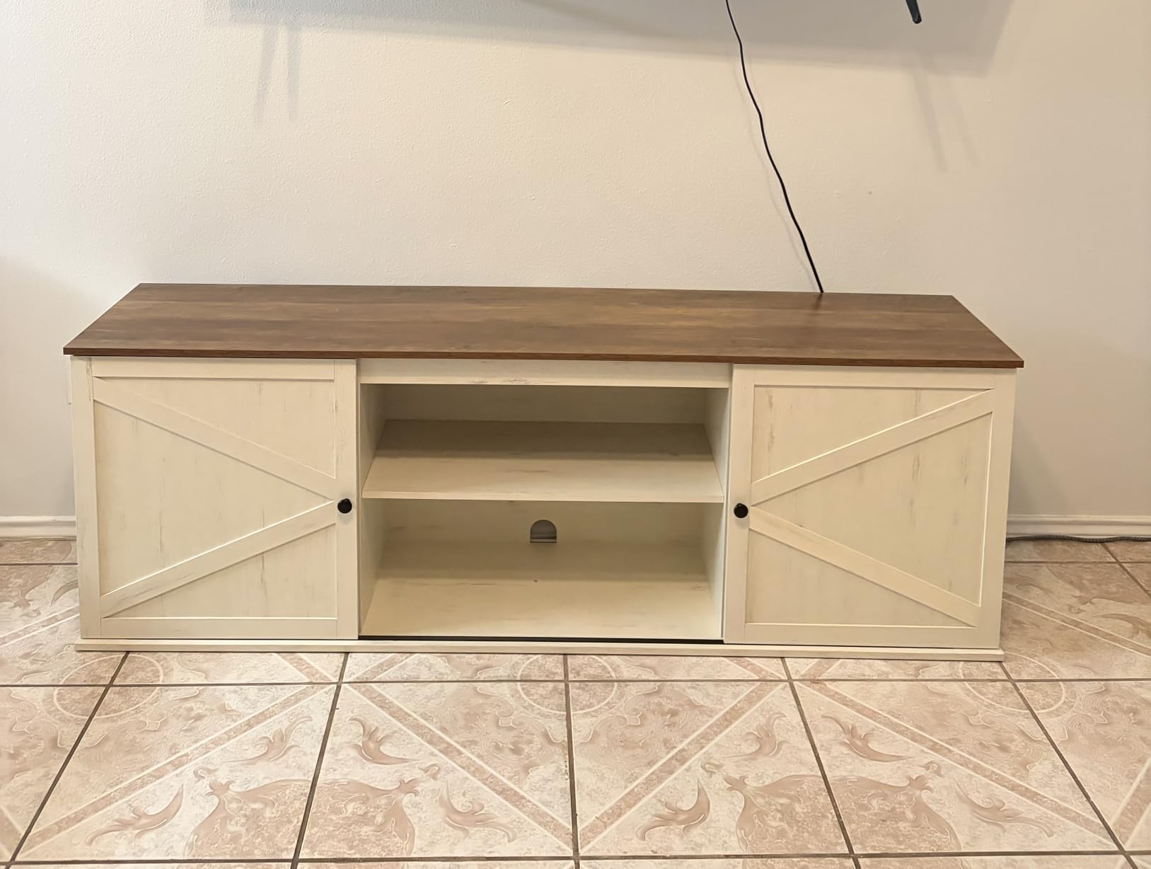 VASAGLE Farmhouse TV Stand for TVs up to 80 Inches, Entertainment Center with Storage Cabinets and Sliding Barn Doors, Media Console Table for Living Room, Rustic White and Honey Brown ULTV537W01 customer photo 2