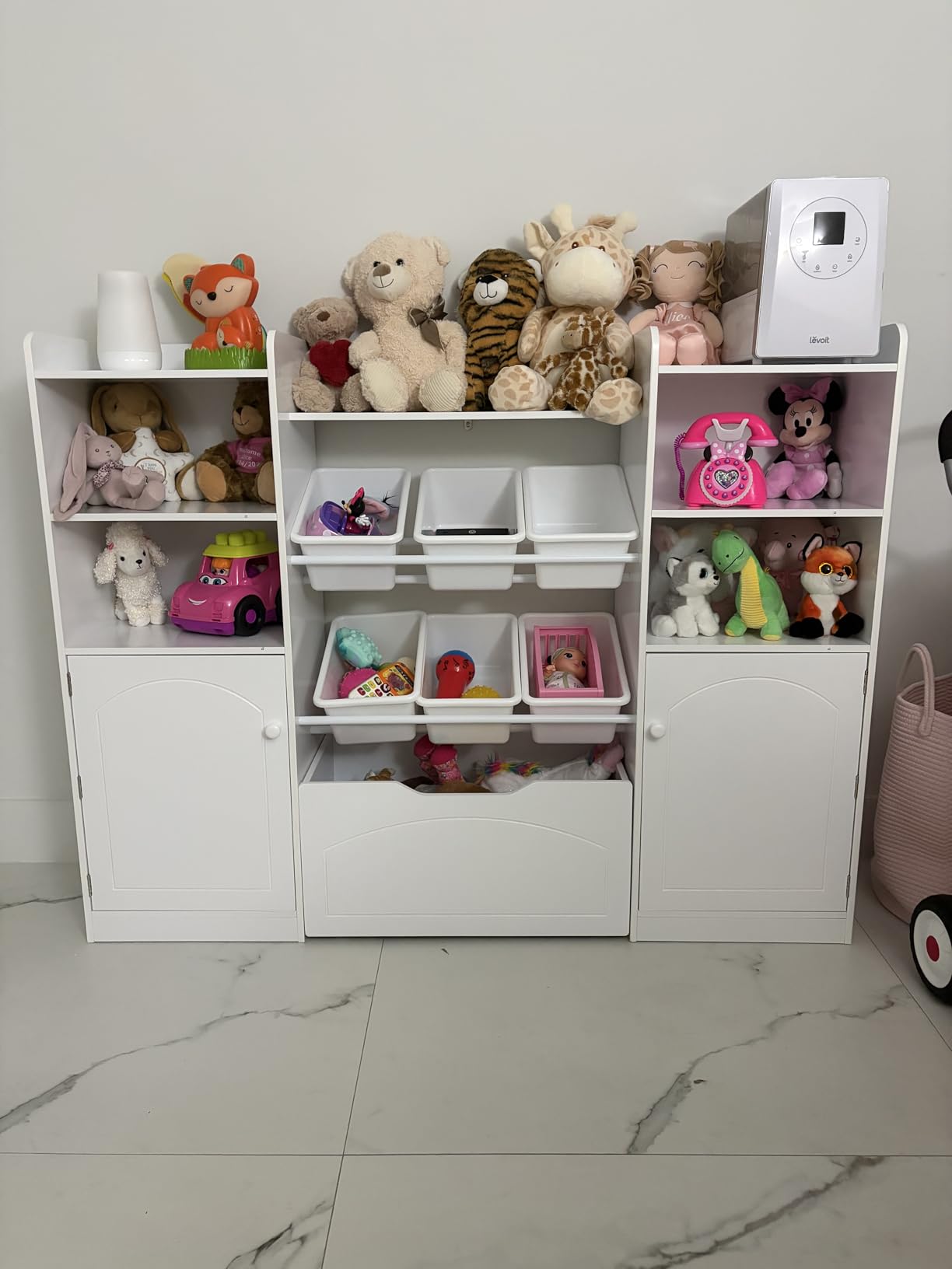 Toy Storage Organizer with Movable Drawer Toy Organizer for Kids | 5-in-1 Large Kids Bookshelf with 1 Large Movable Chests and 6 Toy Bins, Toy Organizers and Storage for Playroom, White customer photo 2