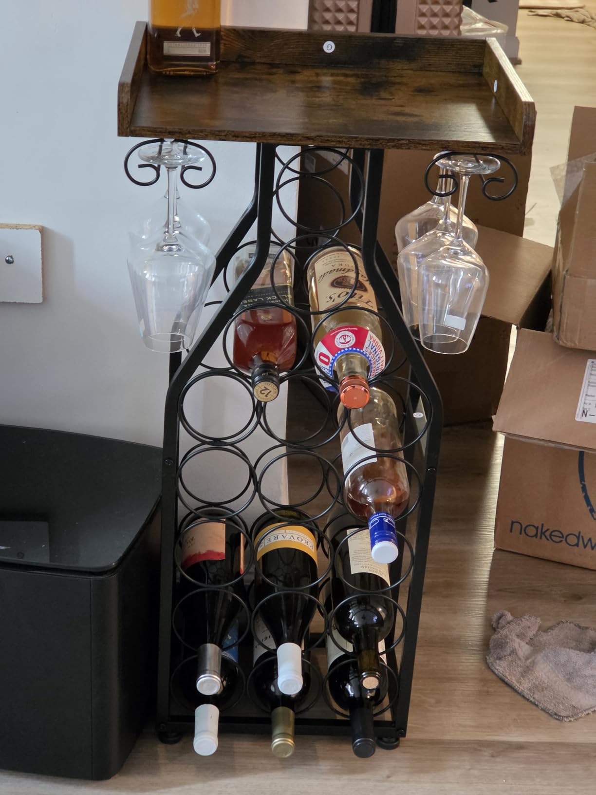 X-cosrack Wine Rack Freestanding Floor, Wine Storage Rack Mini Bar Table with Tabletop, Glass Holder Wine Bottle Display Stand Liquor Cabinet for Home Bar Kitchen Living Room customer photo 1