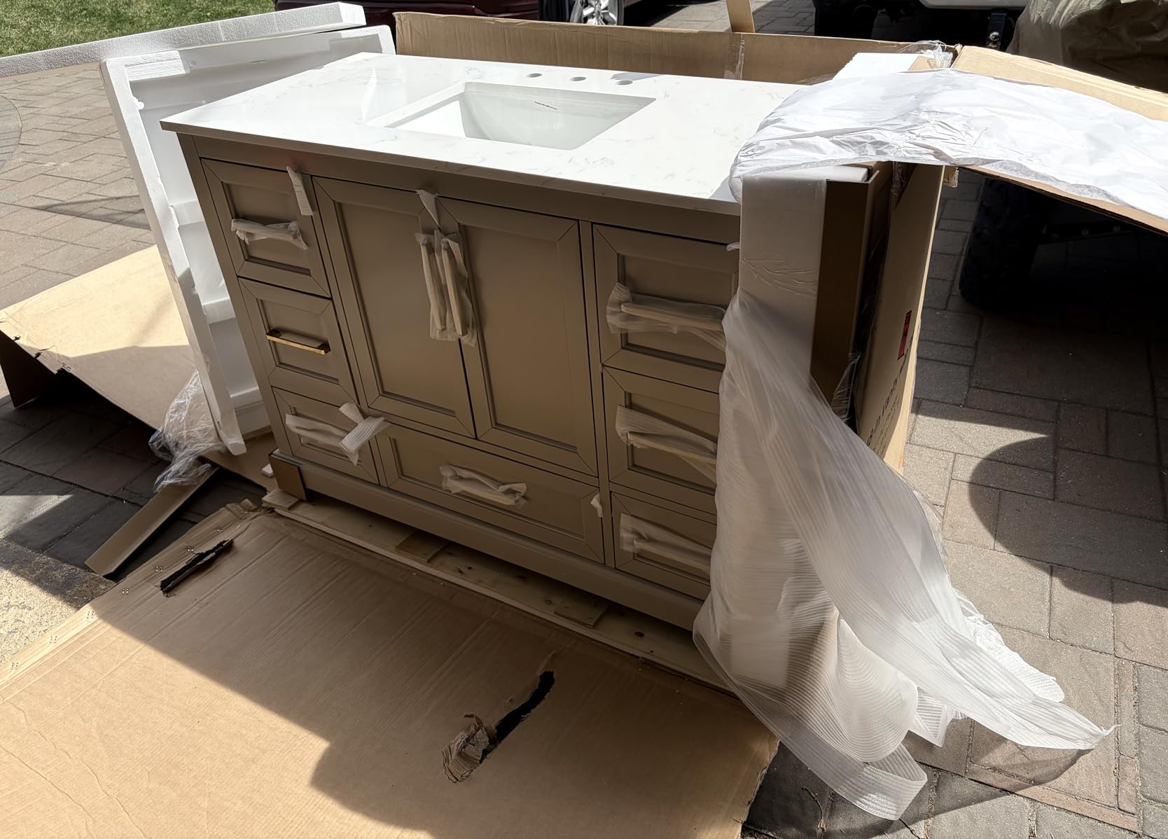48 Inch Bathroom Vanity with Sink Combo, Solid Wood Frame with Stone Top & Backsplash, Fully-Assembled with Soft-Closing Doors & 7 Drawers, Greige customer photo 2
